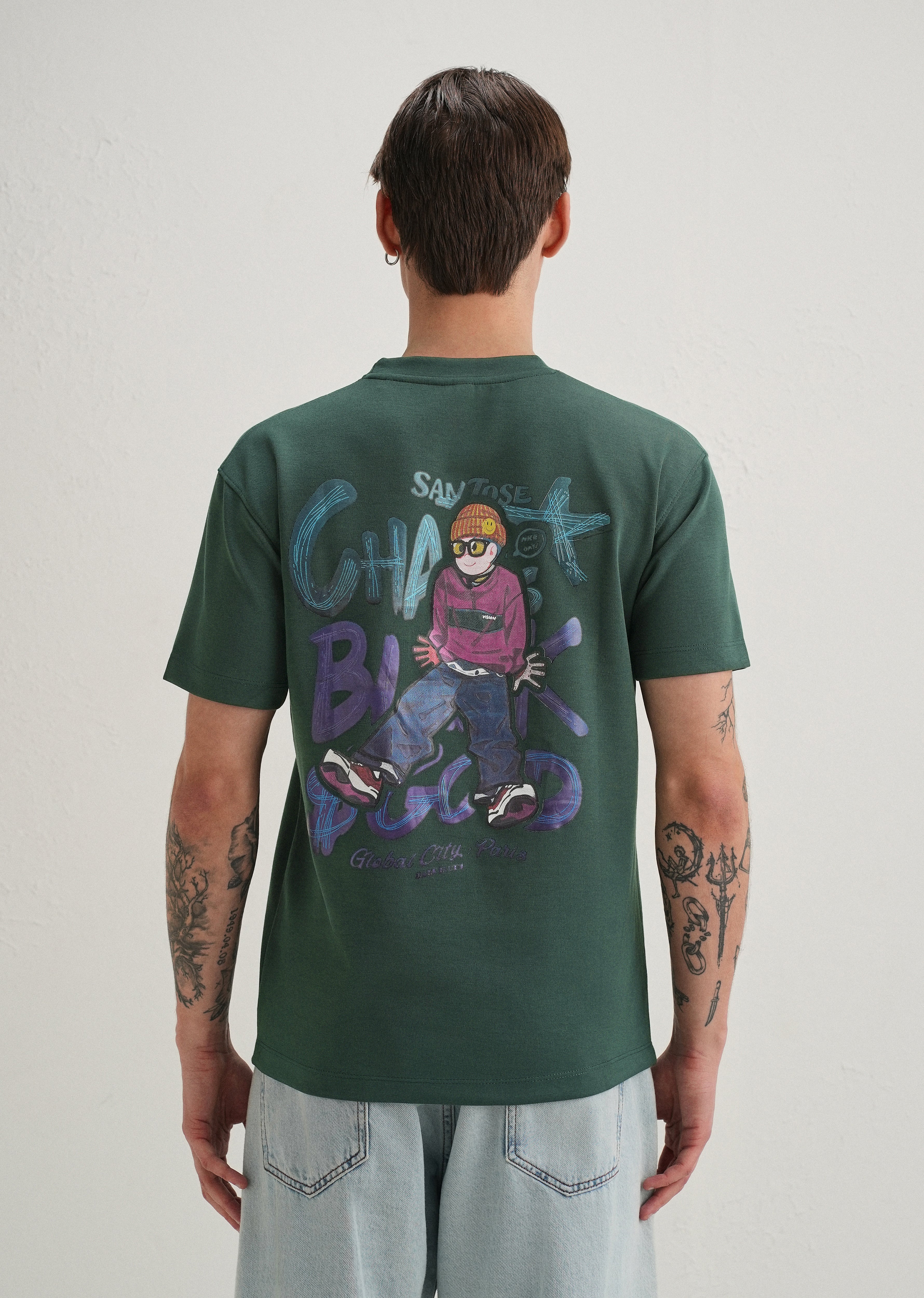 Dark Green Textured Back Print T-Shirt