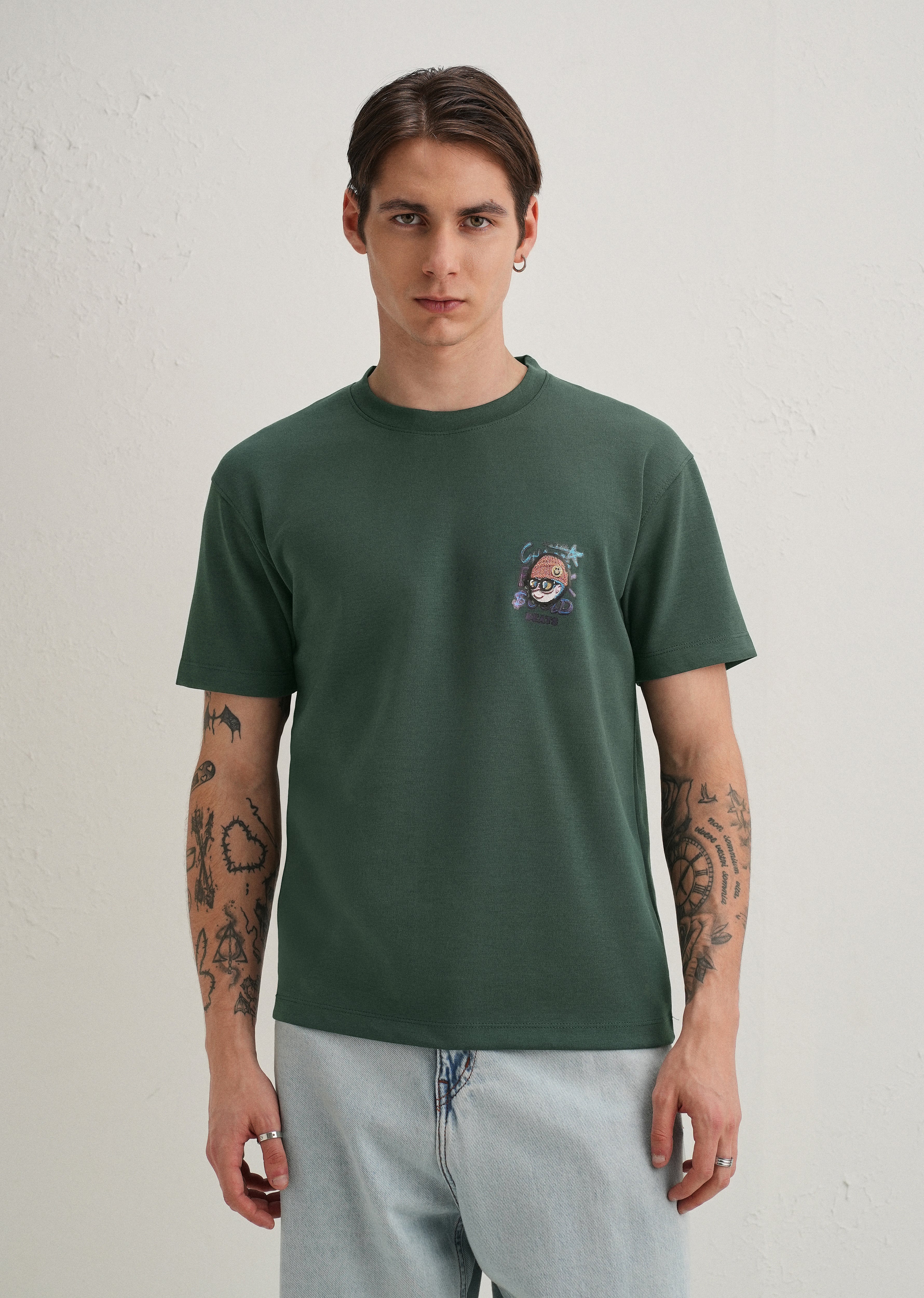 Dark Green Textured Back Print T-Shirt