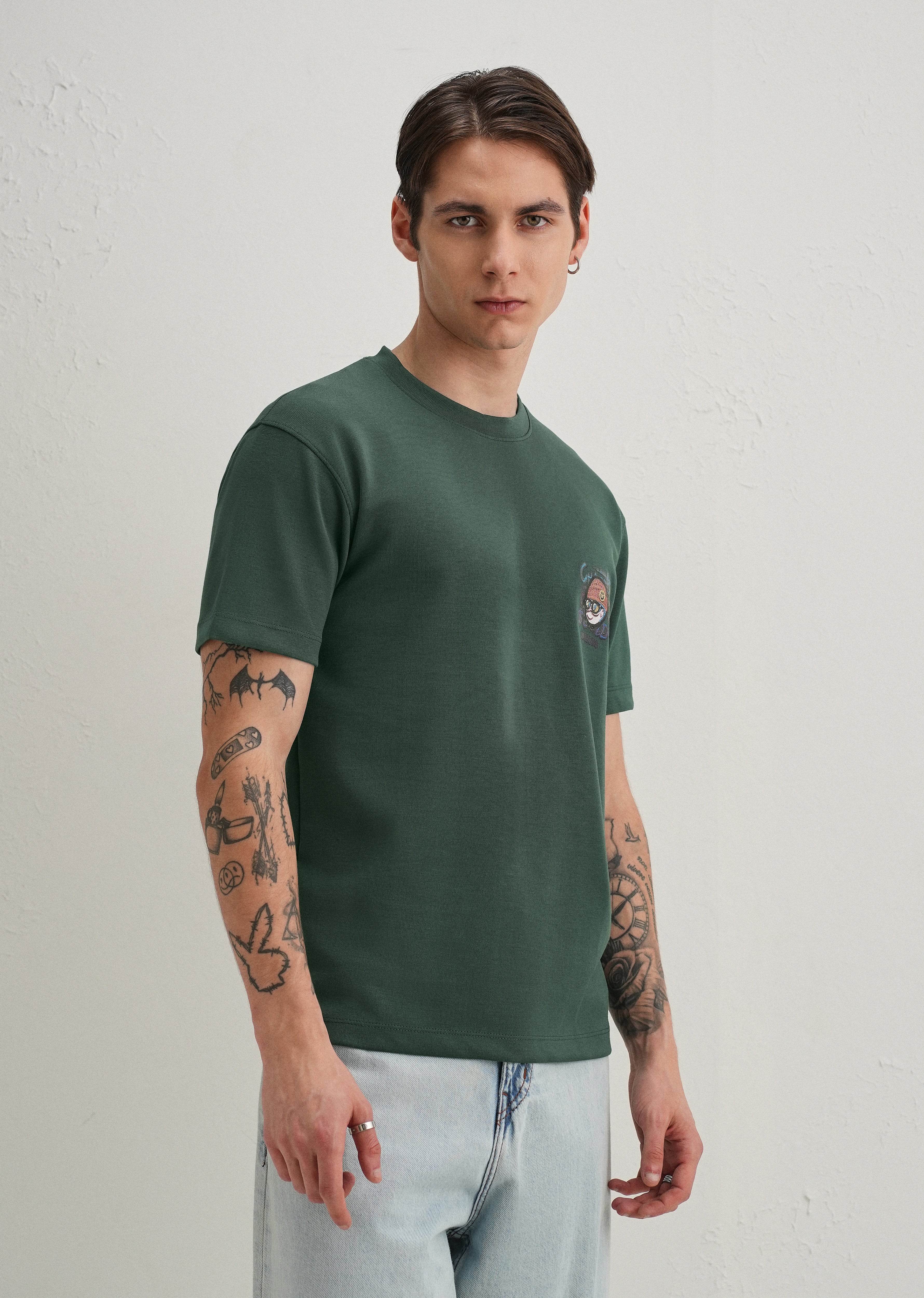 Dark Green Textured Back Print T-Shirt