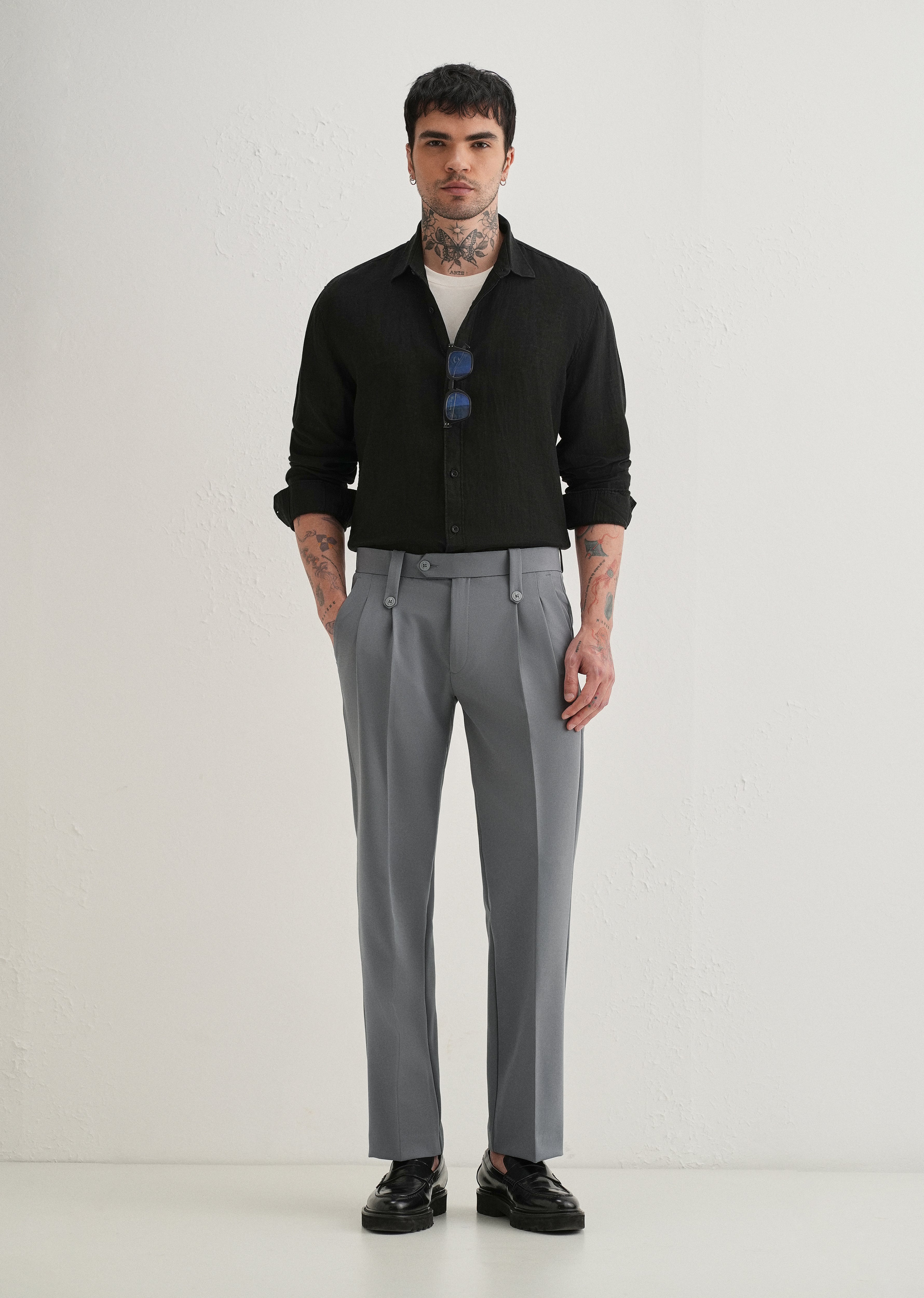 Dark Grey Button-Tab Pleat Trouser