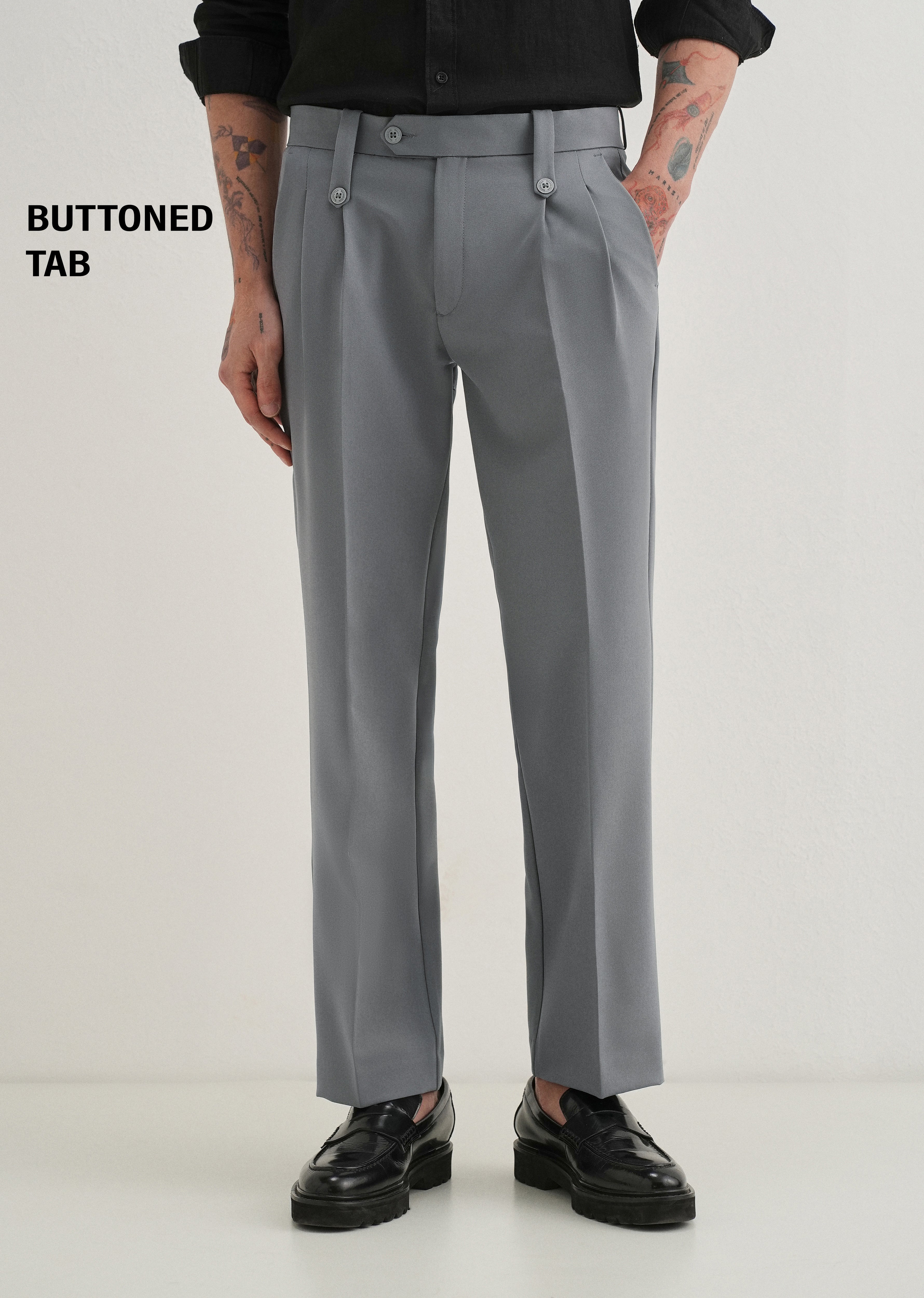 Dark Grey Button-Tab Pleat Trouser