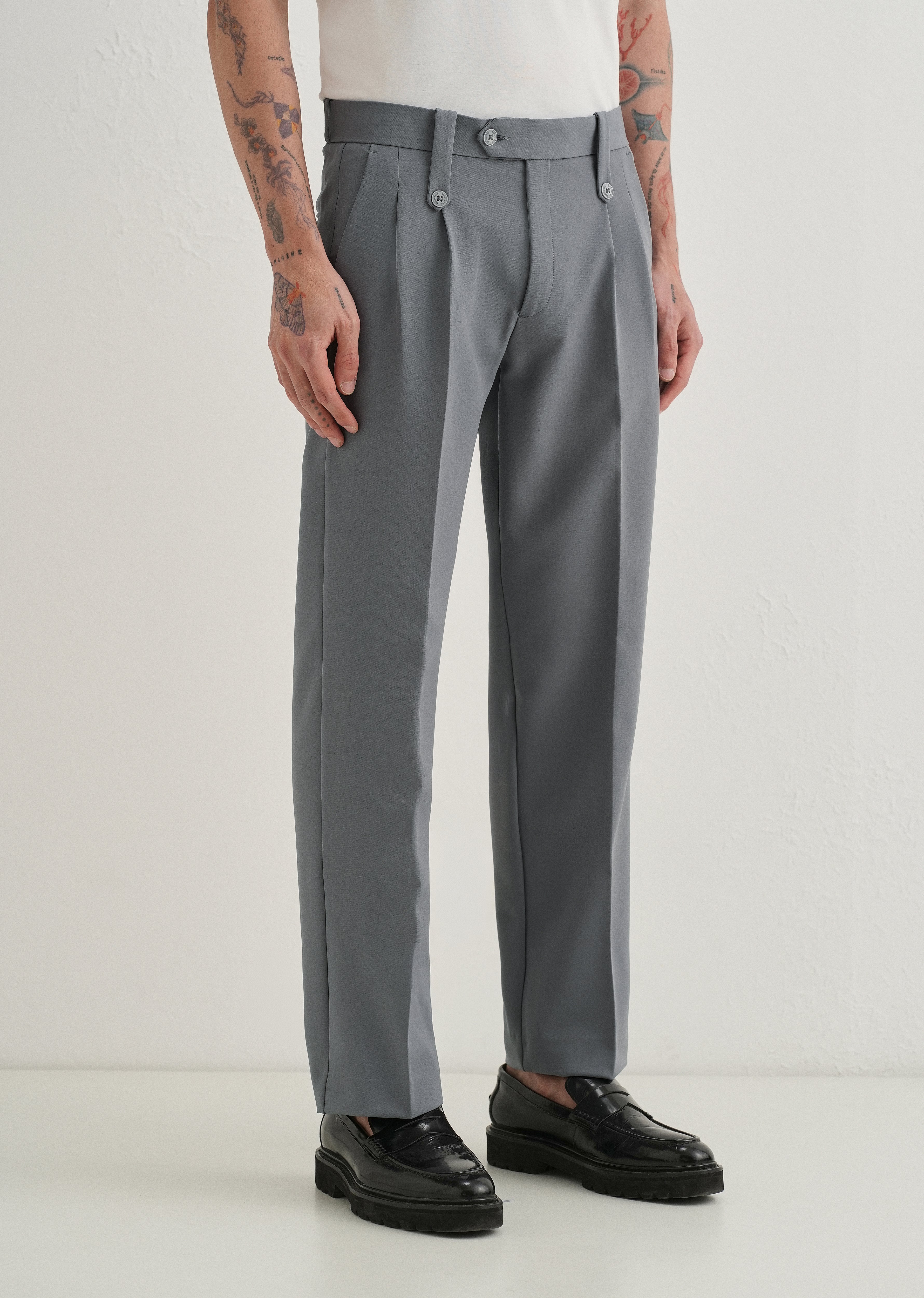 Dark Grey Button-Tab Pleat Trouser
