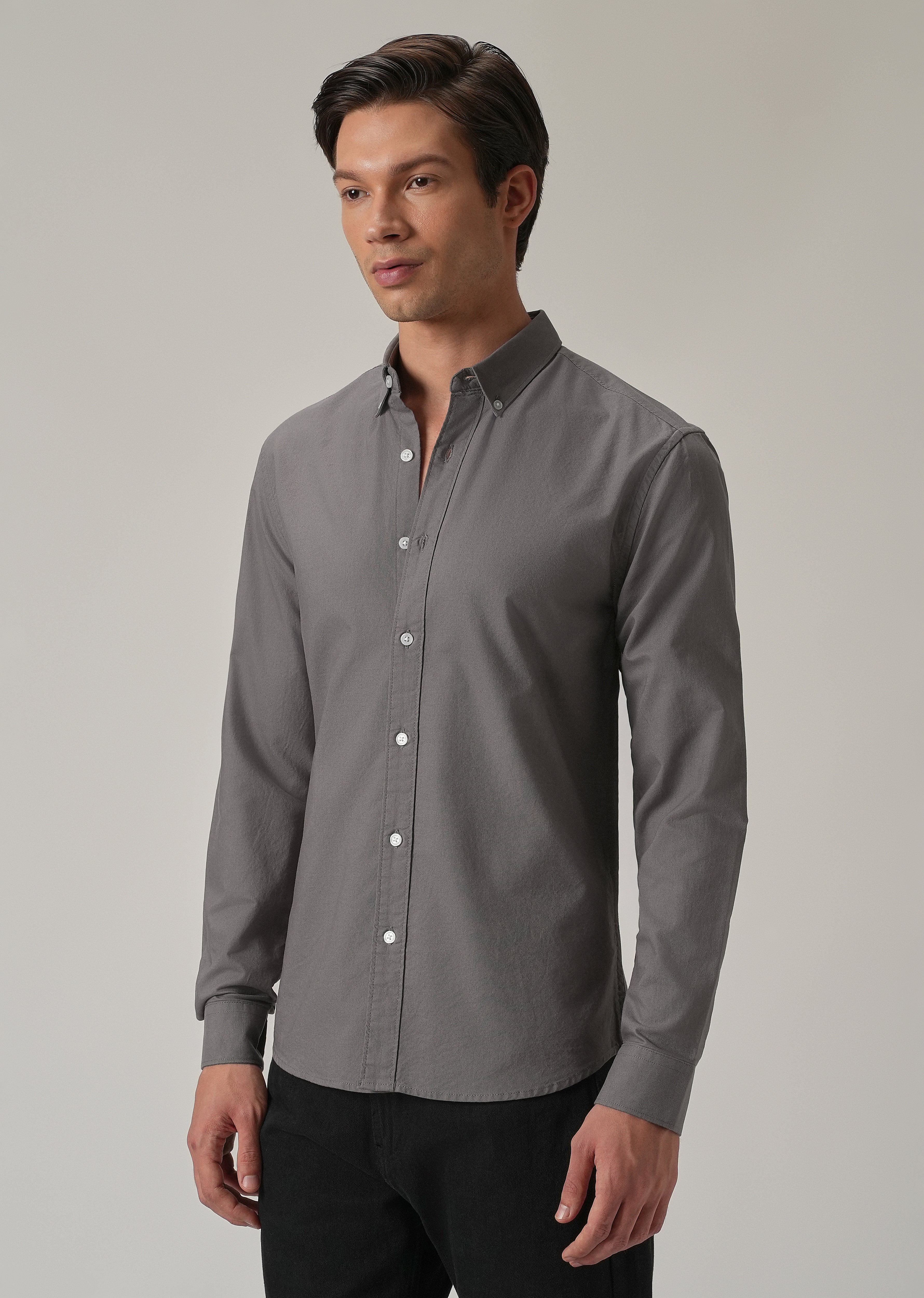 Dark Grey Plain Elbow Patch Oxford Shirt