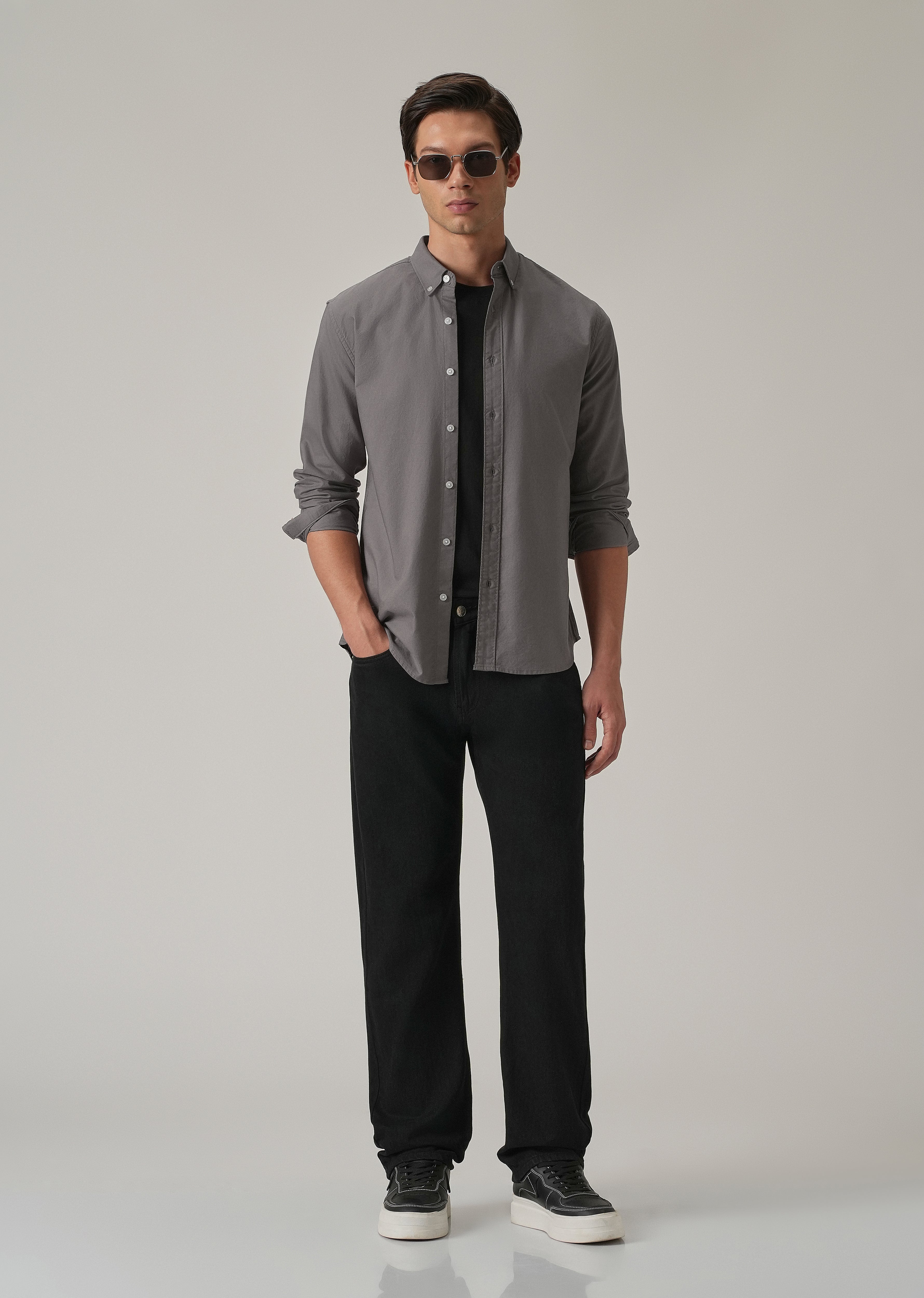 Dark Grey Plain Elbow Patch Oxford Shirt