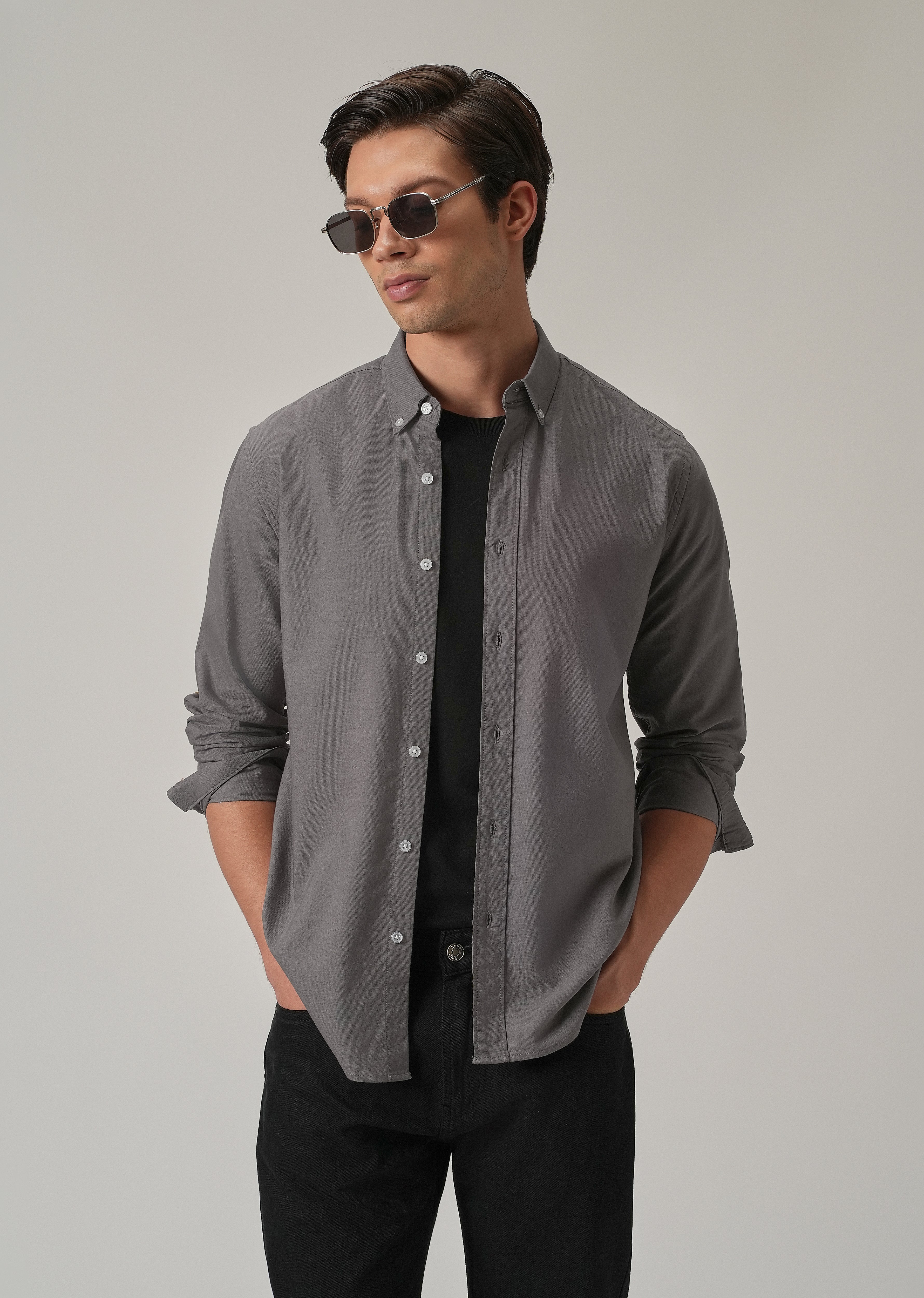 Dark Grey Plain Elbow Patch Oxford Shirt
