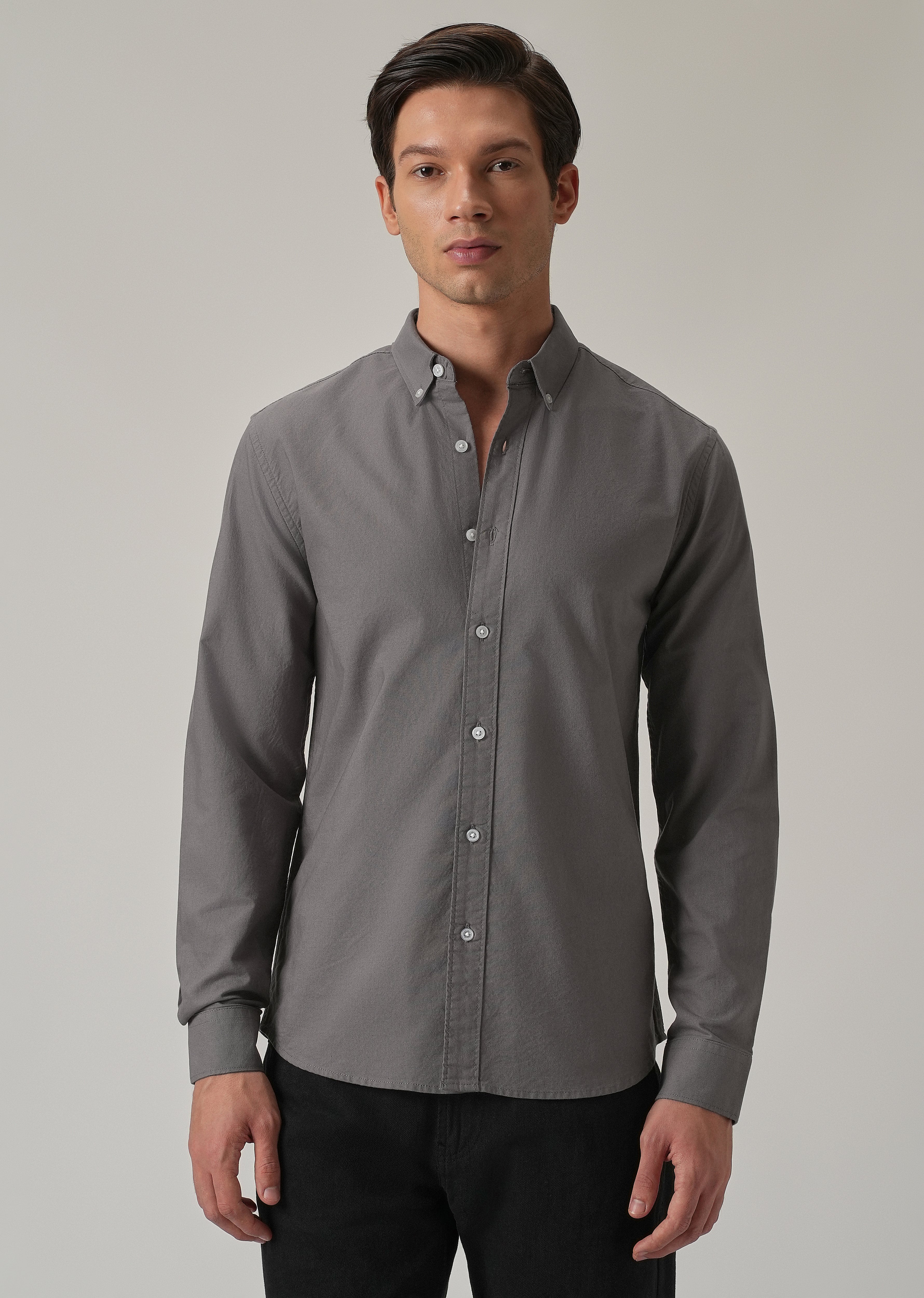 Dark Grey Plain Elbow Patch Oxford Shirt
