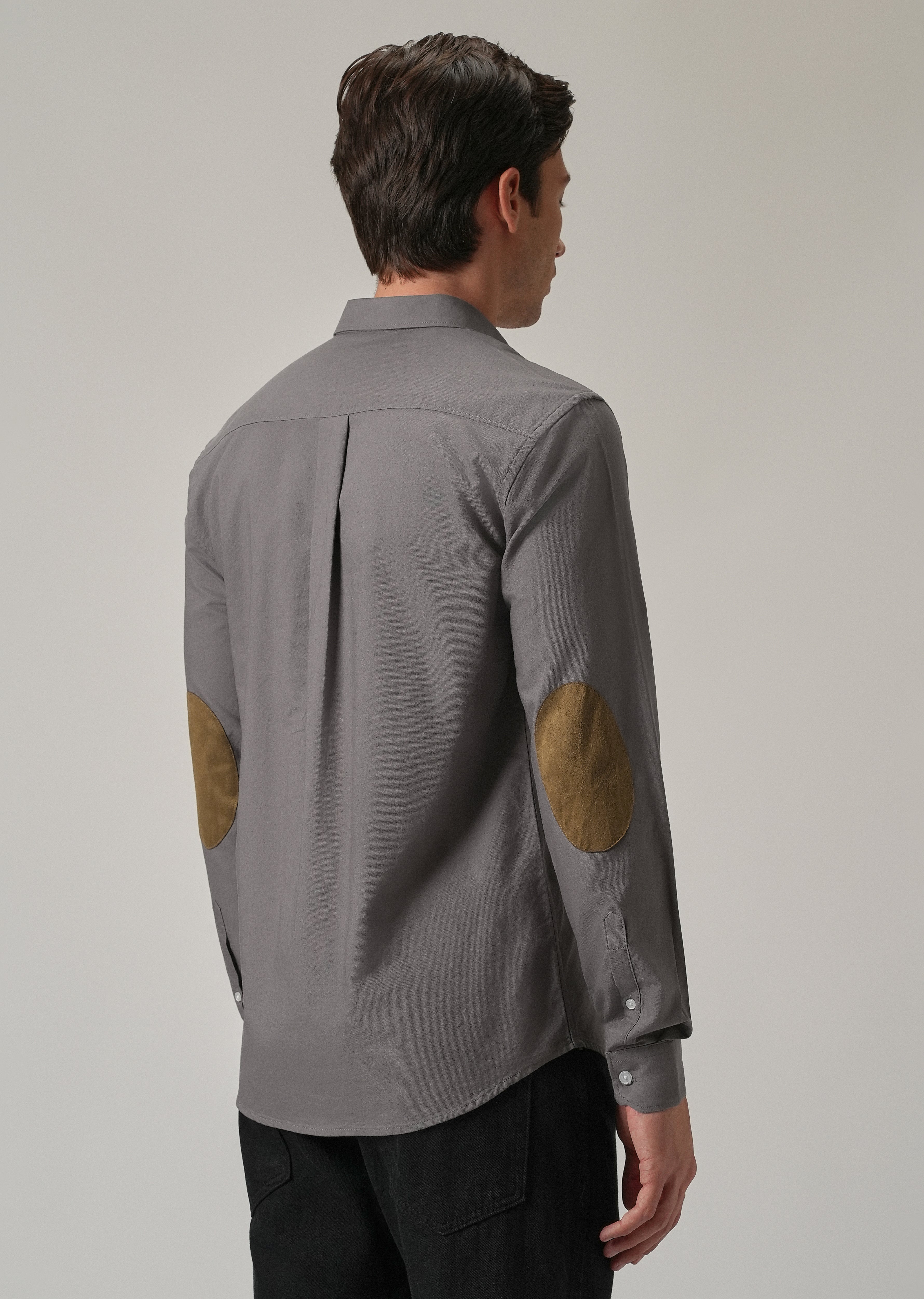 Dark Grey Plain Elbow Patch Oxford Shirt