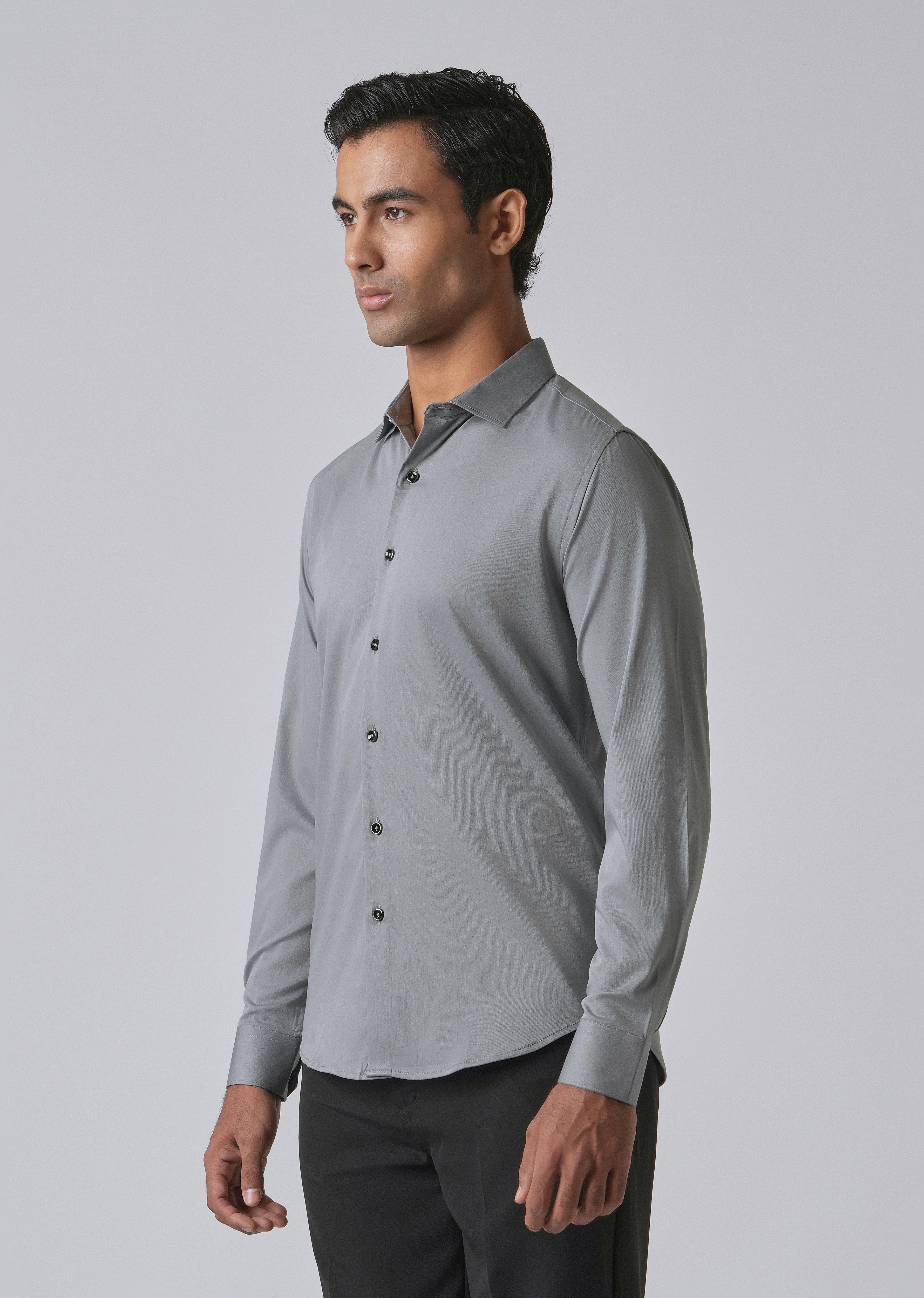 Dark Grey Cotton Stretch Plain Shirt