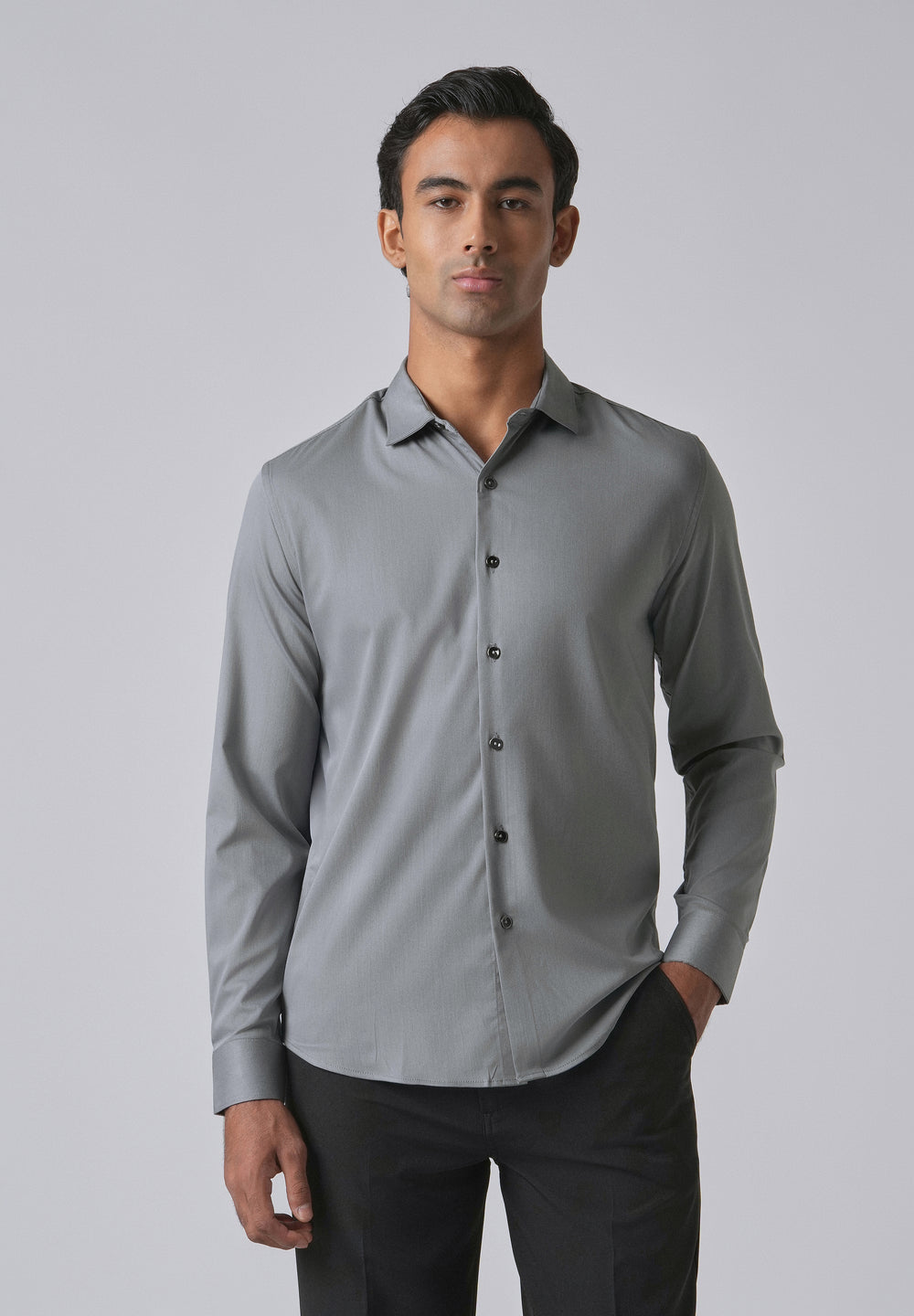 Dark Grey Cotton Stretch Plain Shirt