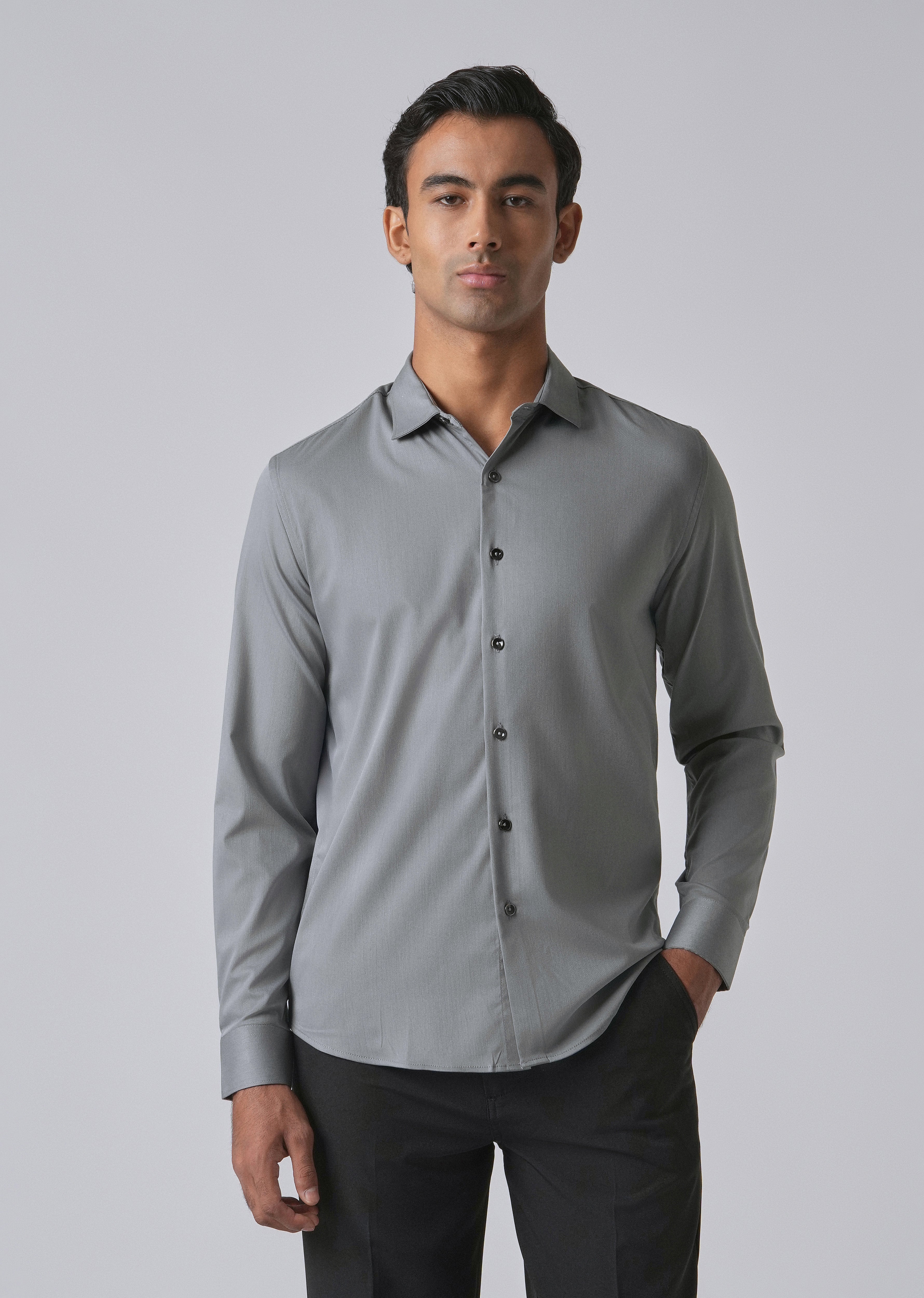 Dark Grey Cotton Stretch Plain Shirt