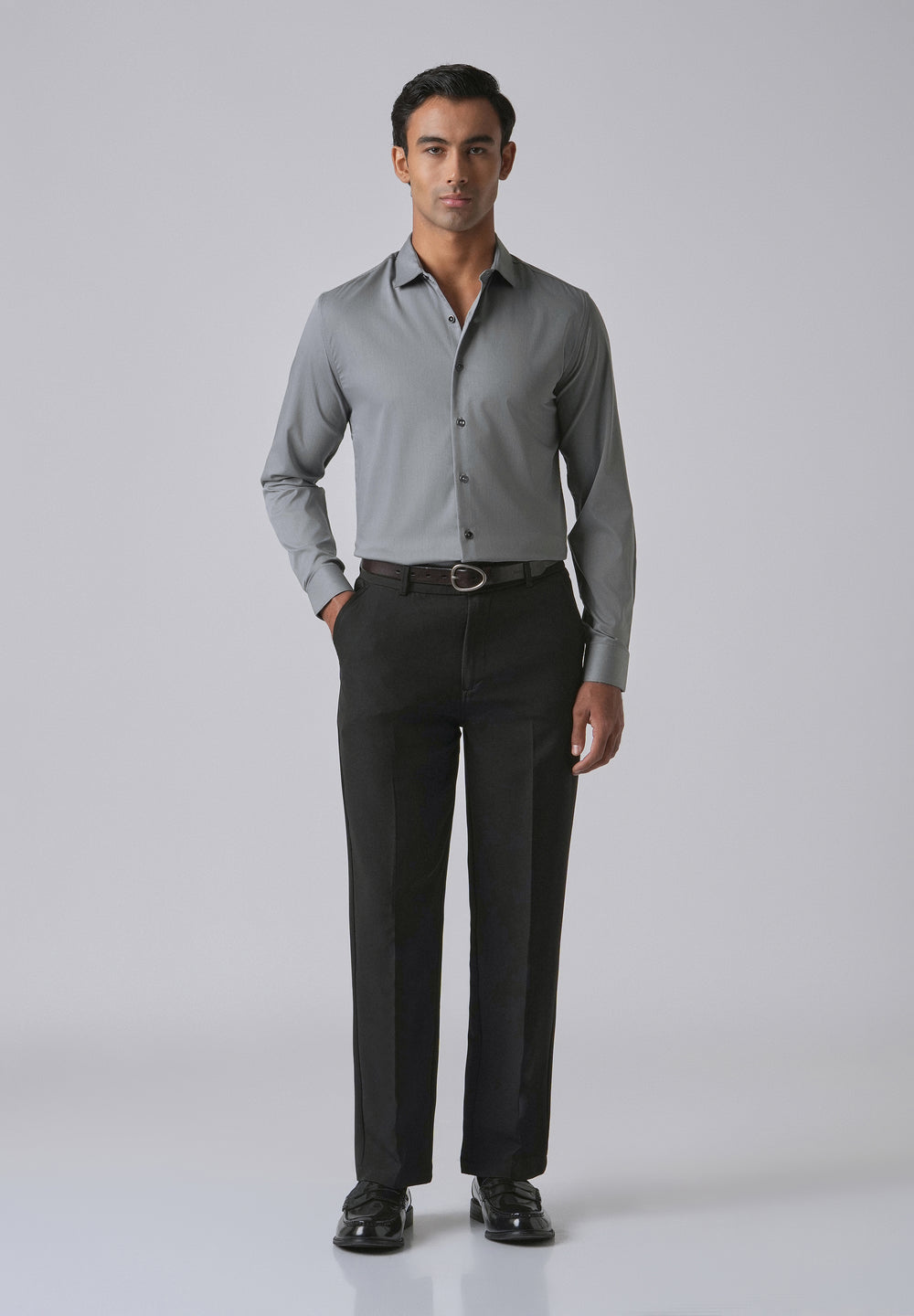 Dark Grey Cotton Stretch Plain Shirt
