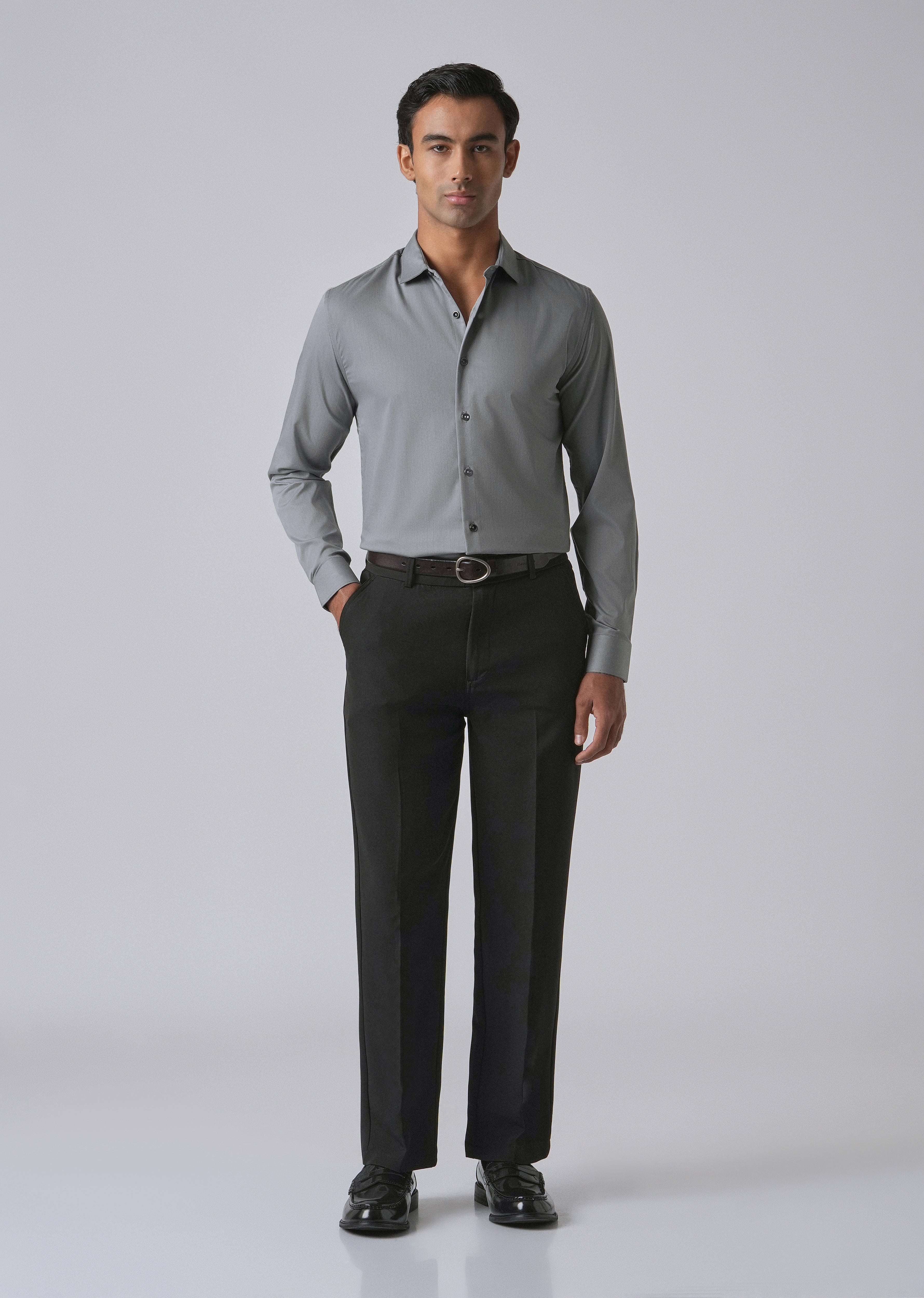 Dark Grey Cotton Stretch Plain Shirt