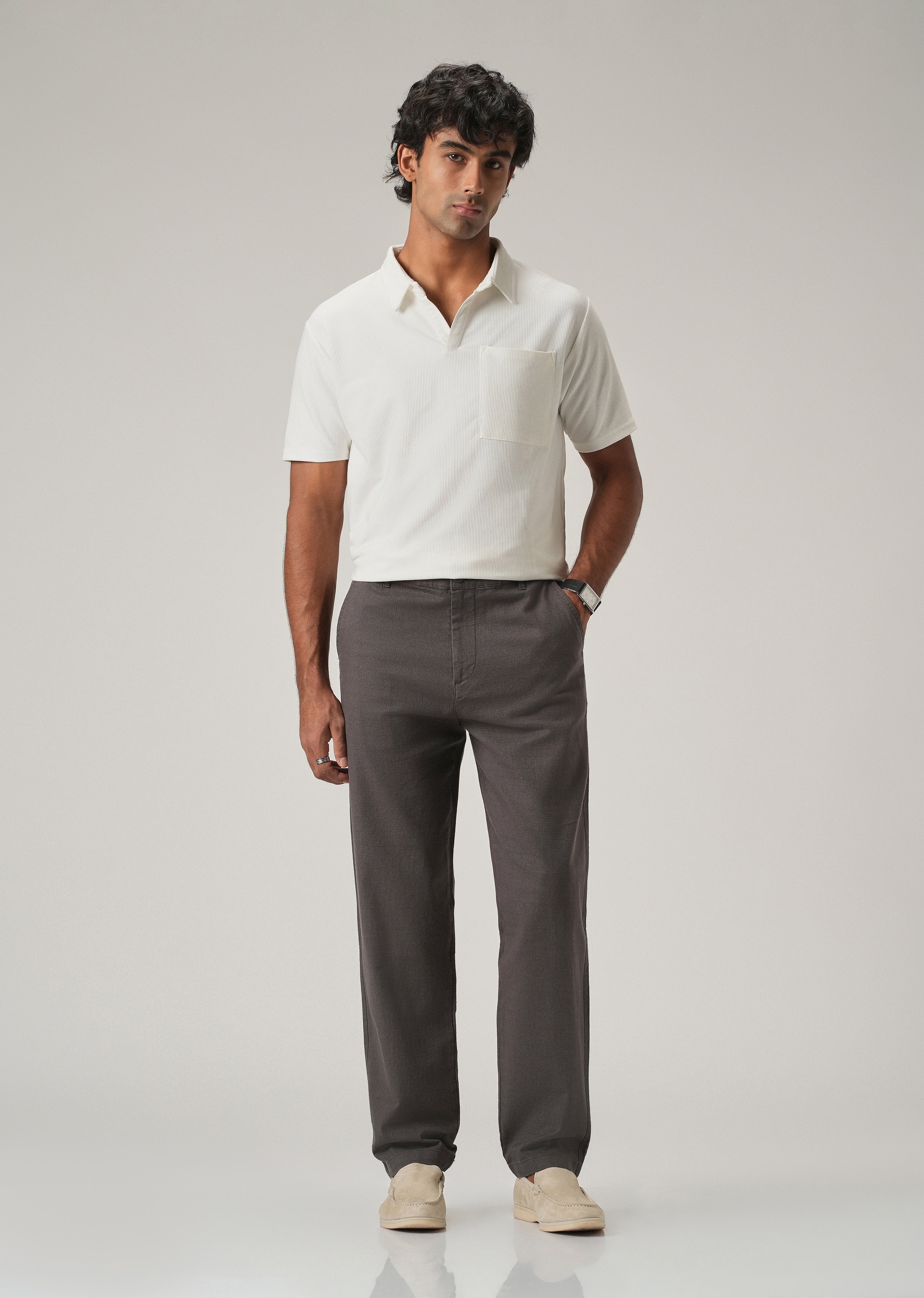 Dark Grey Linen-Look Cotton Trousers