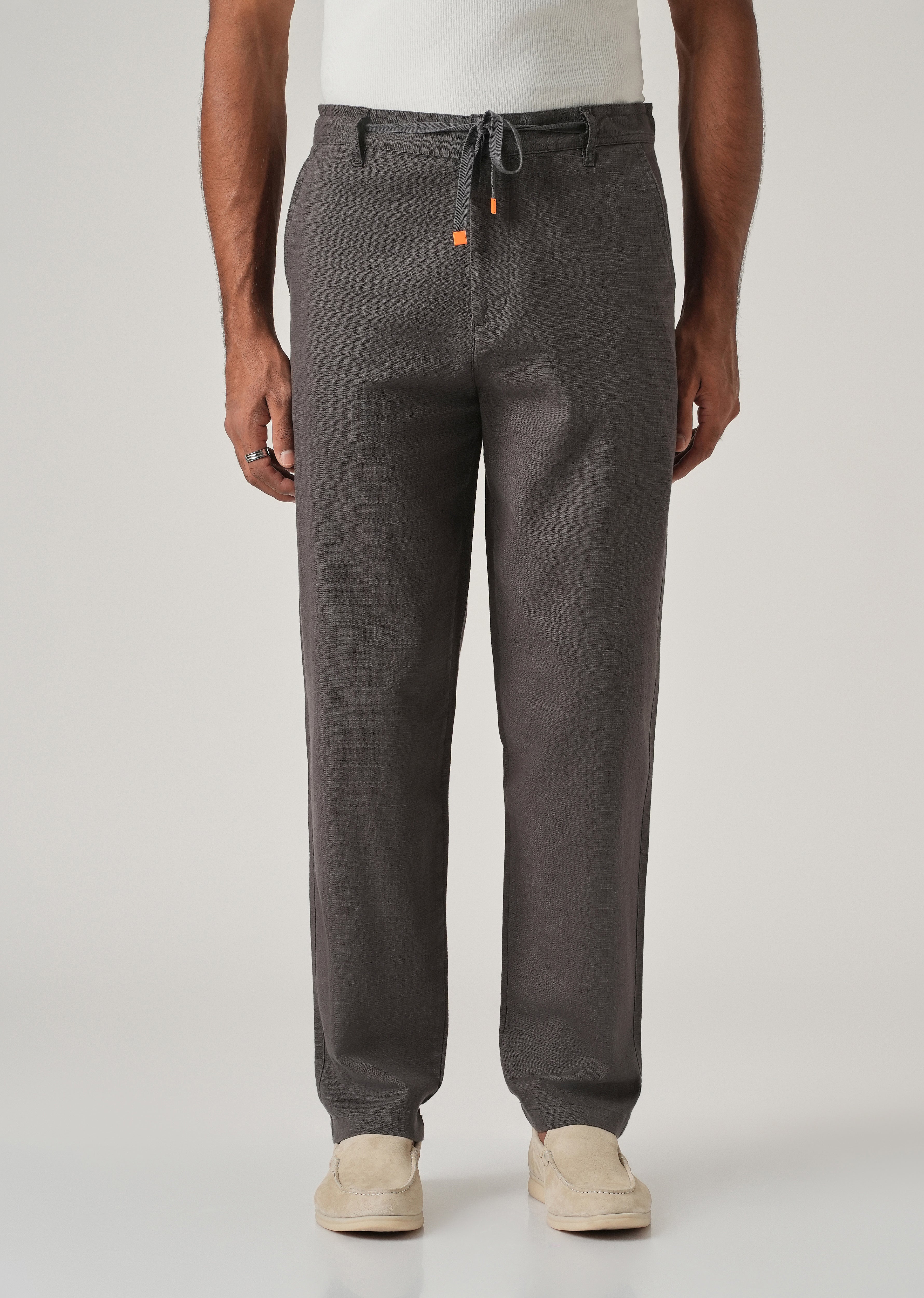 Dark Grey Linen-Look Cotton Trousers