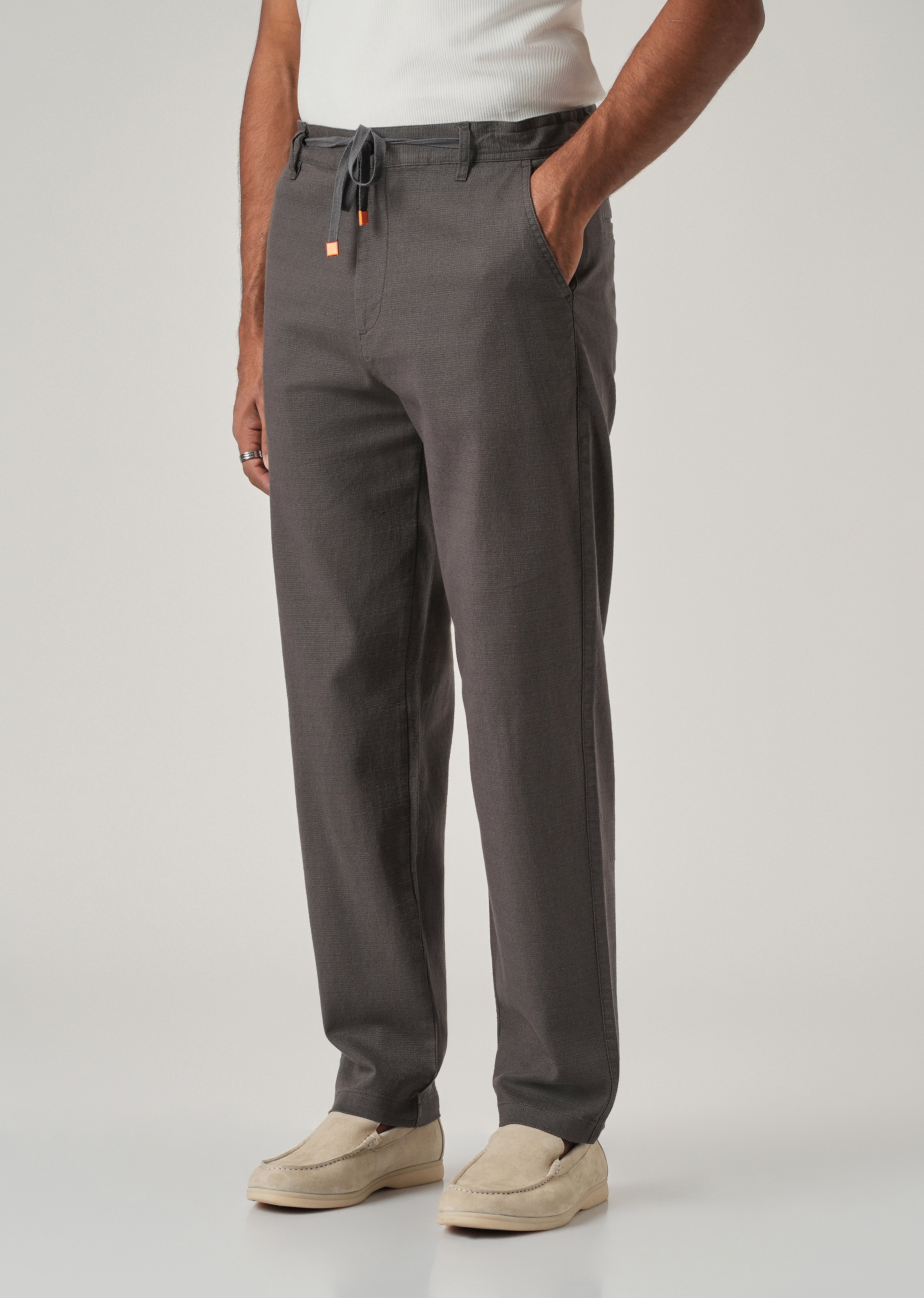 Dark Grey Linen-Look Cotton Trousers