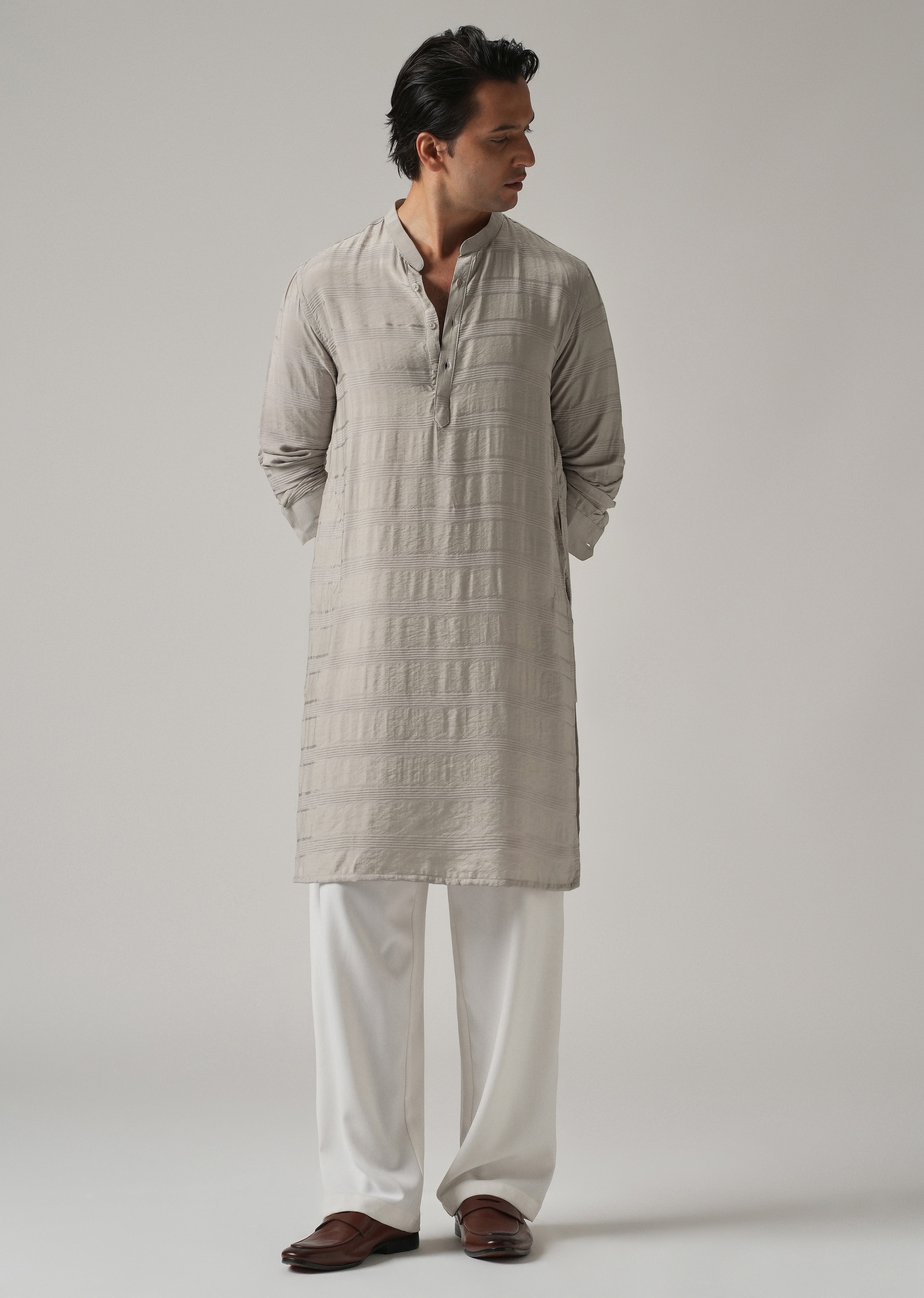 Dark Grey Nylon Subtle Stripe Kurta