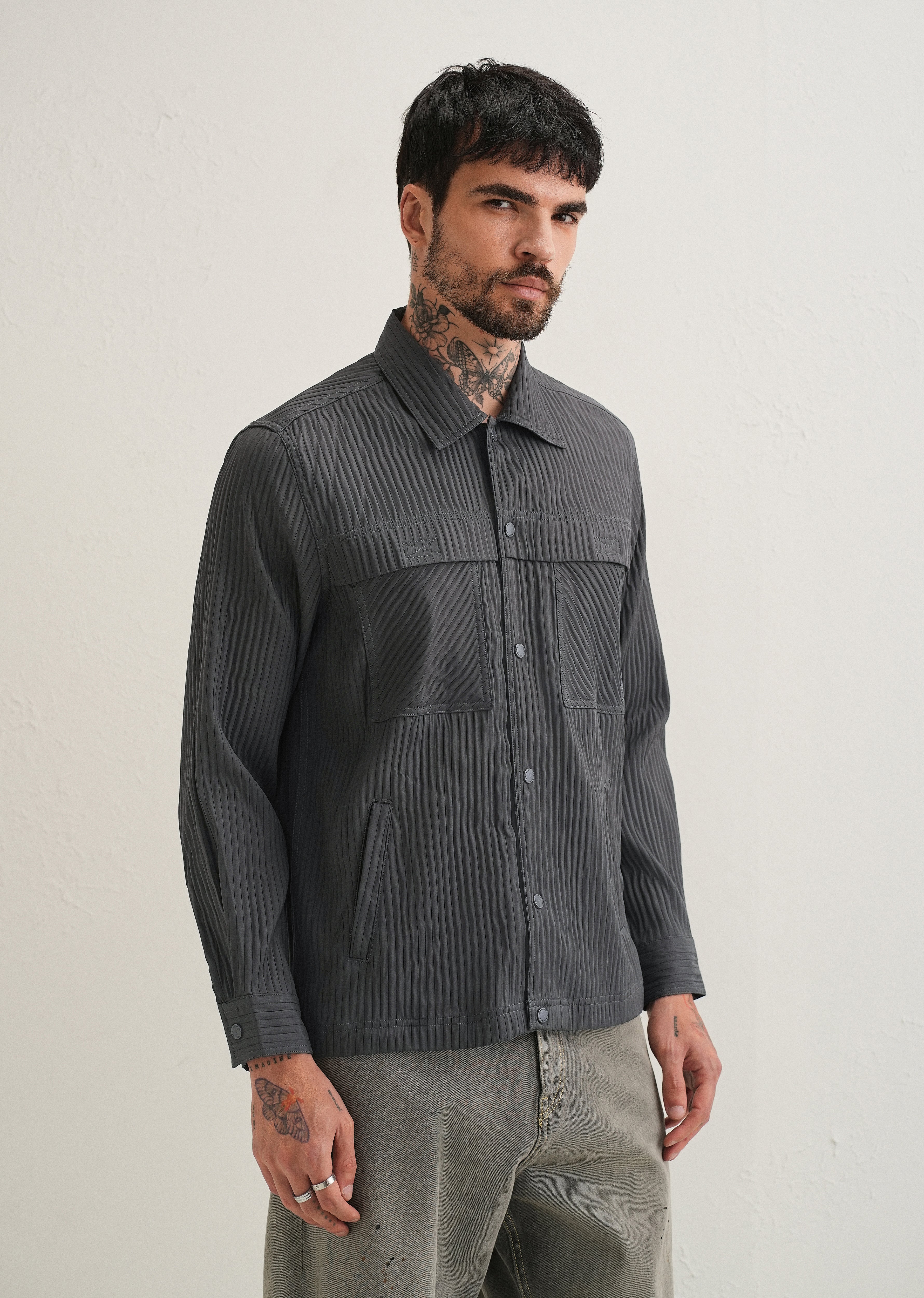 Dark Grey Textured Utility Shacket