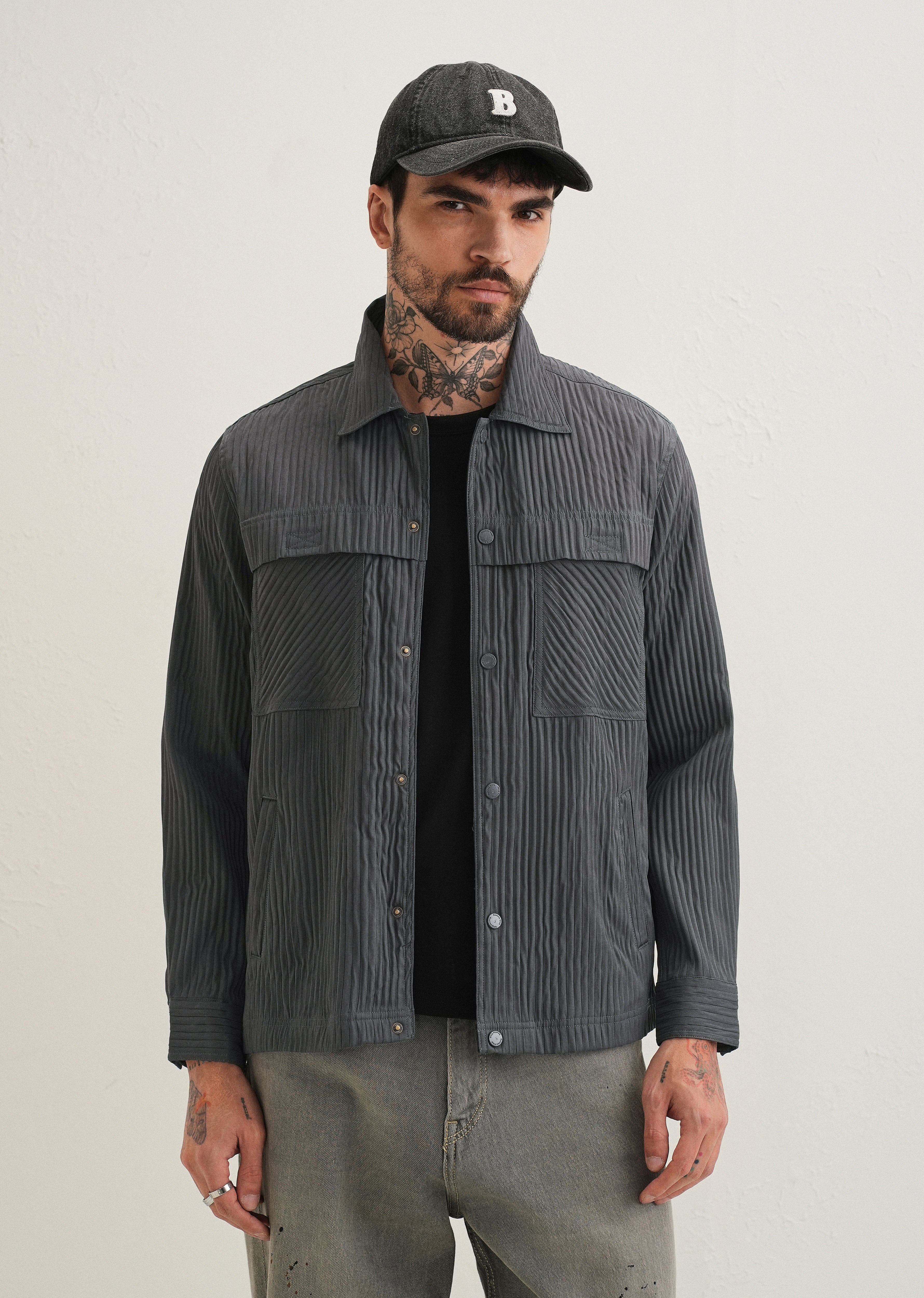 Dark Grey Textured Utility Shacket