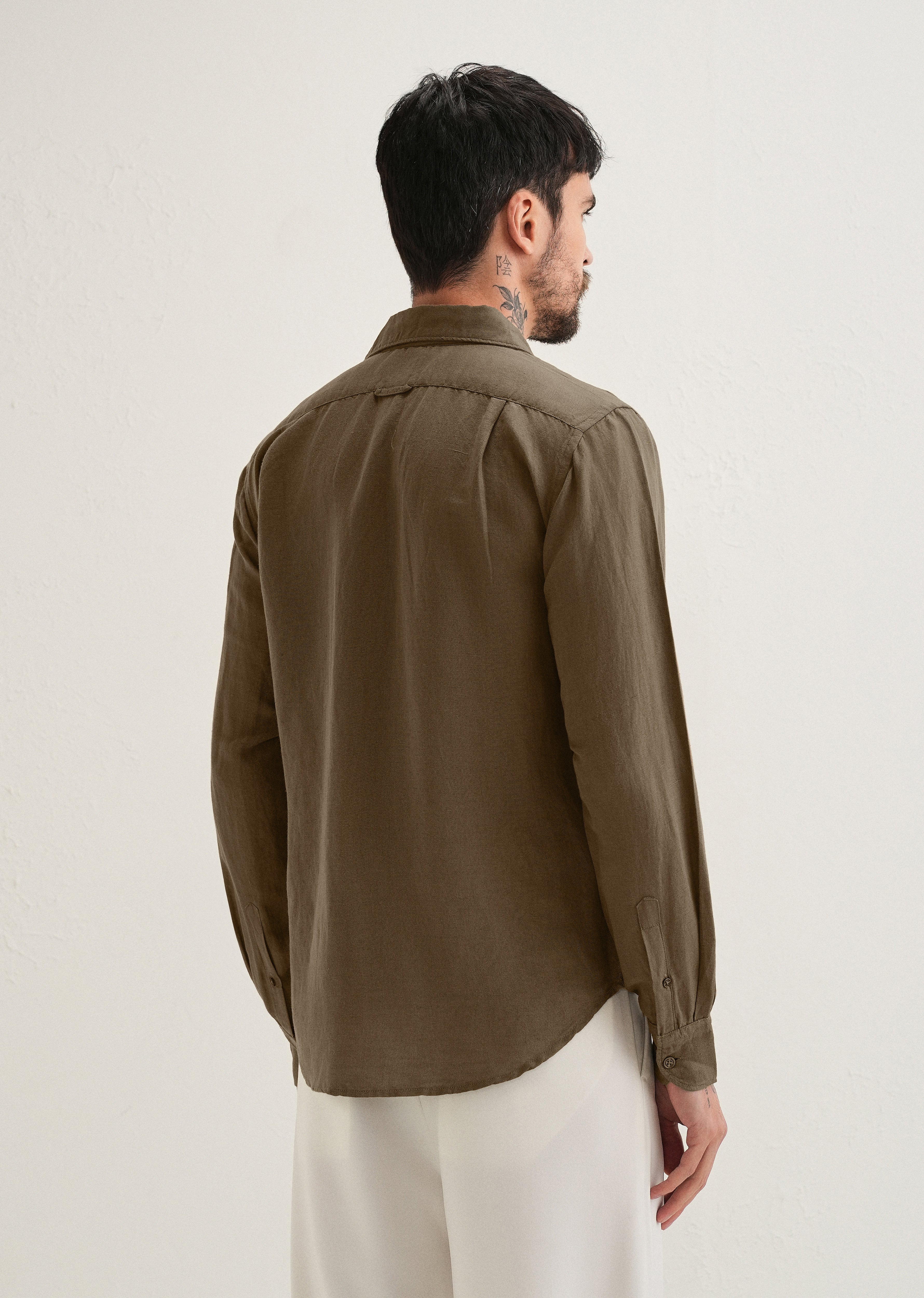 Dark Khaki Plain Linen Viscose Shirt
