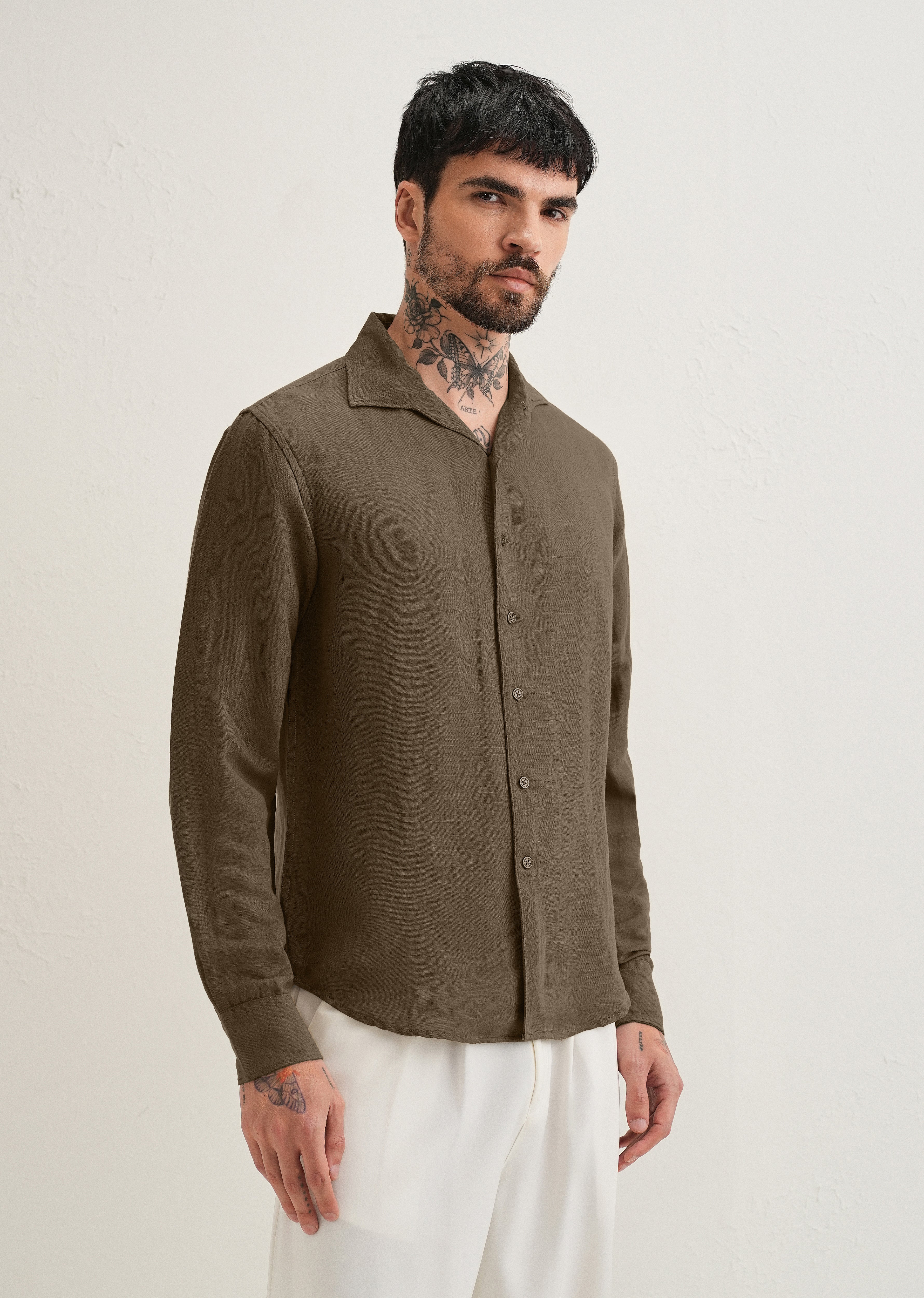 Dark Khaki Plain Linen Viscose Shirt