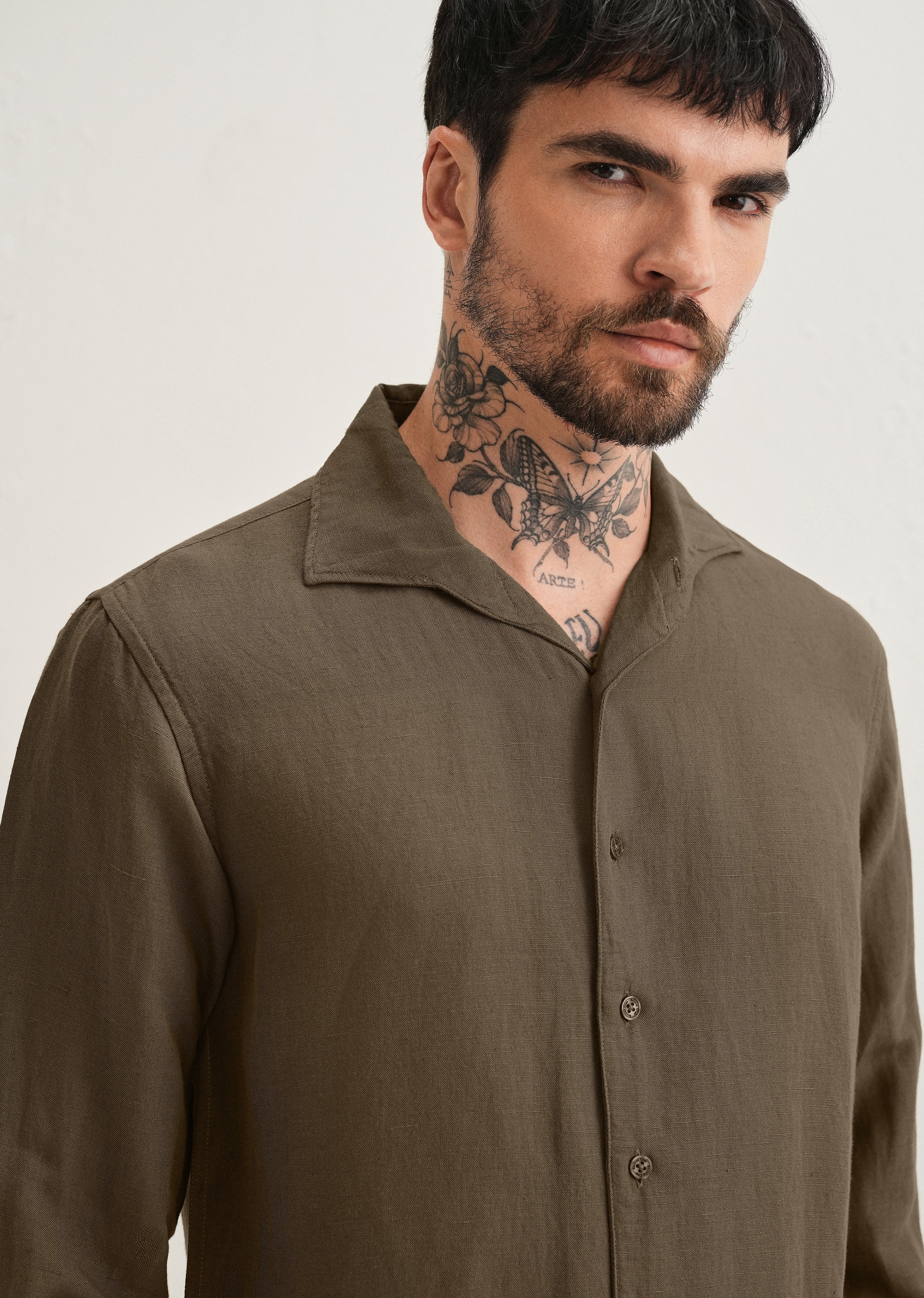 Dark Khaki Plain Linen Viscose Shirt