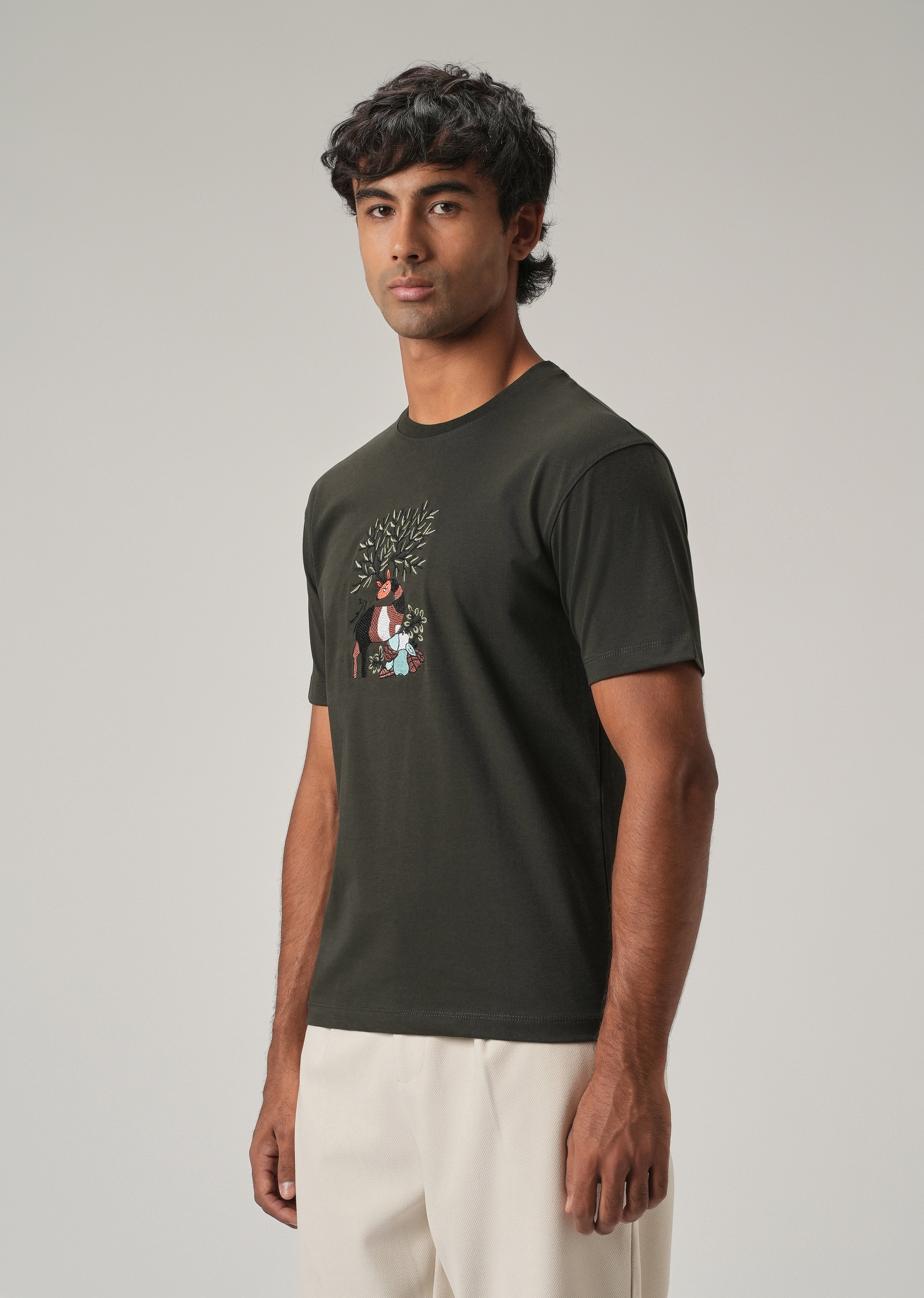 Dark Olive Chest Embroidered Slim Fit T-Shirt