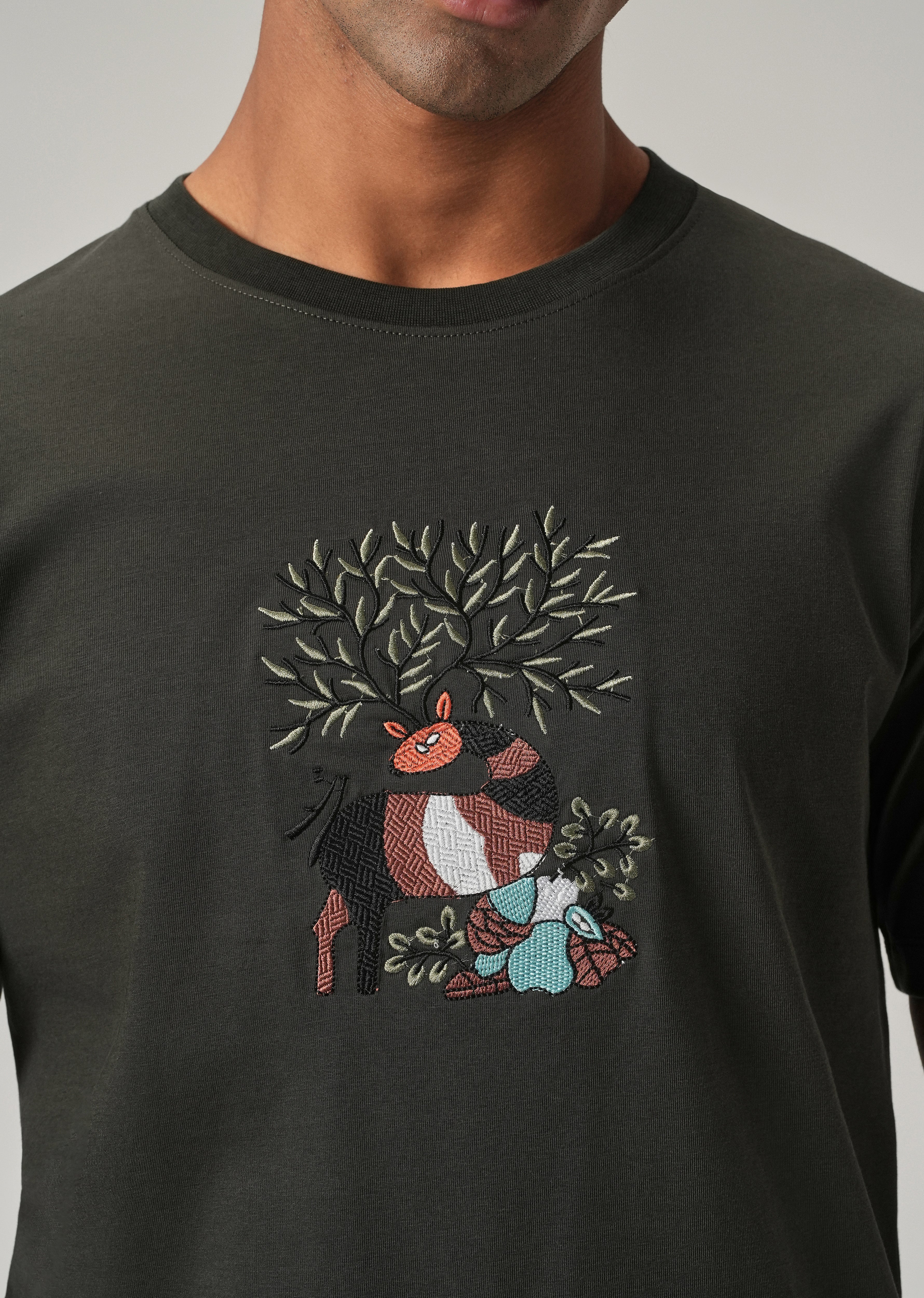 Dark Olive Chest Embroidered Slim Fit T-Shirt