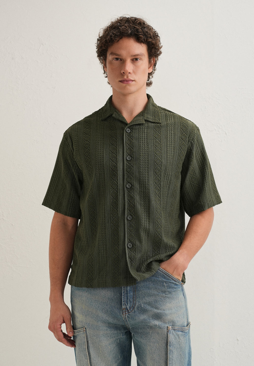 Dark Olive Green Geometric Textured Shirt