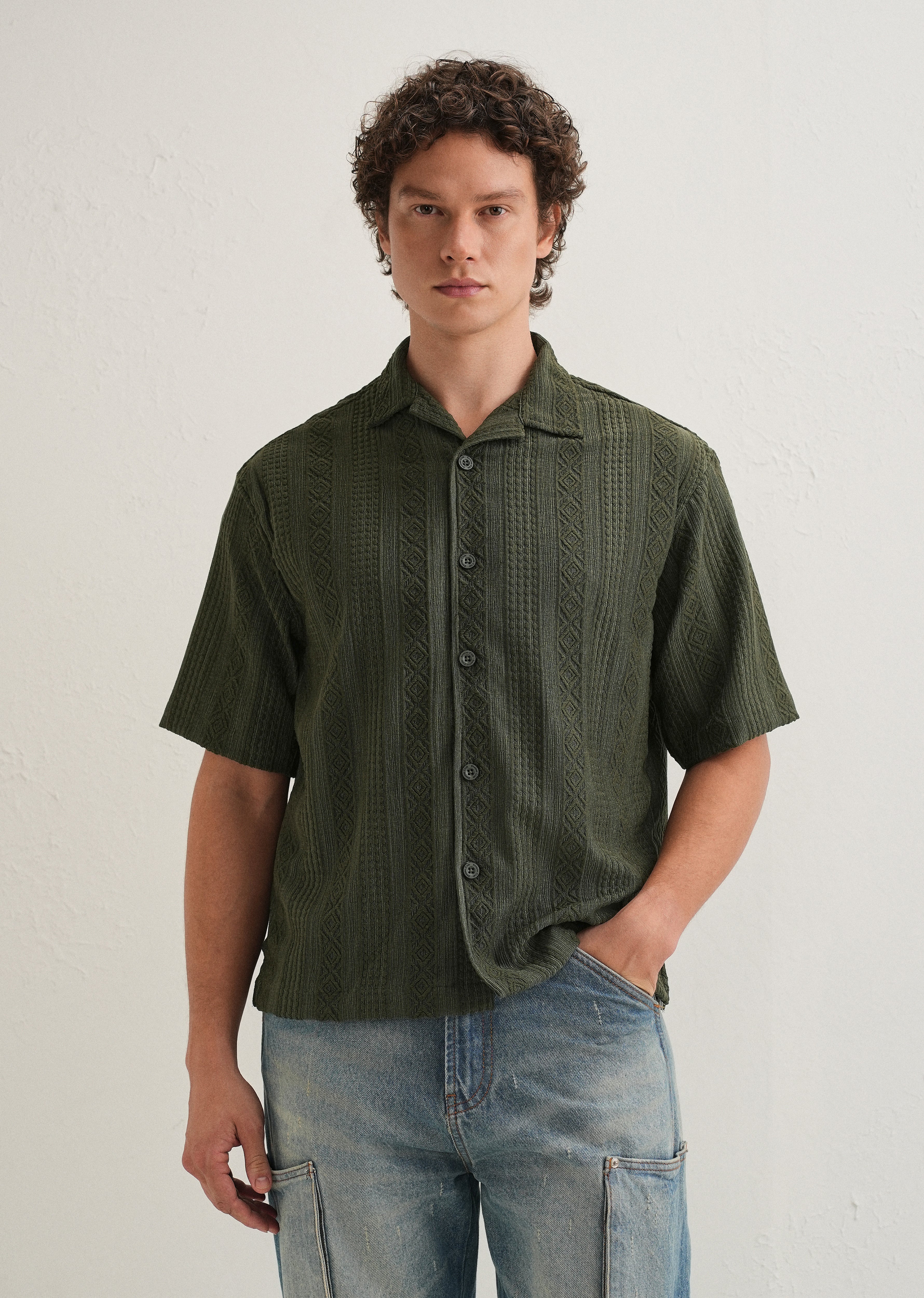 Dark Olive Green Geometric Textured Shirt