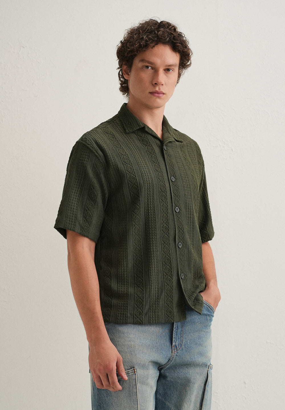 Dark Olive Green Geometric Textured Shirt