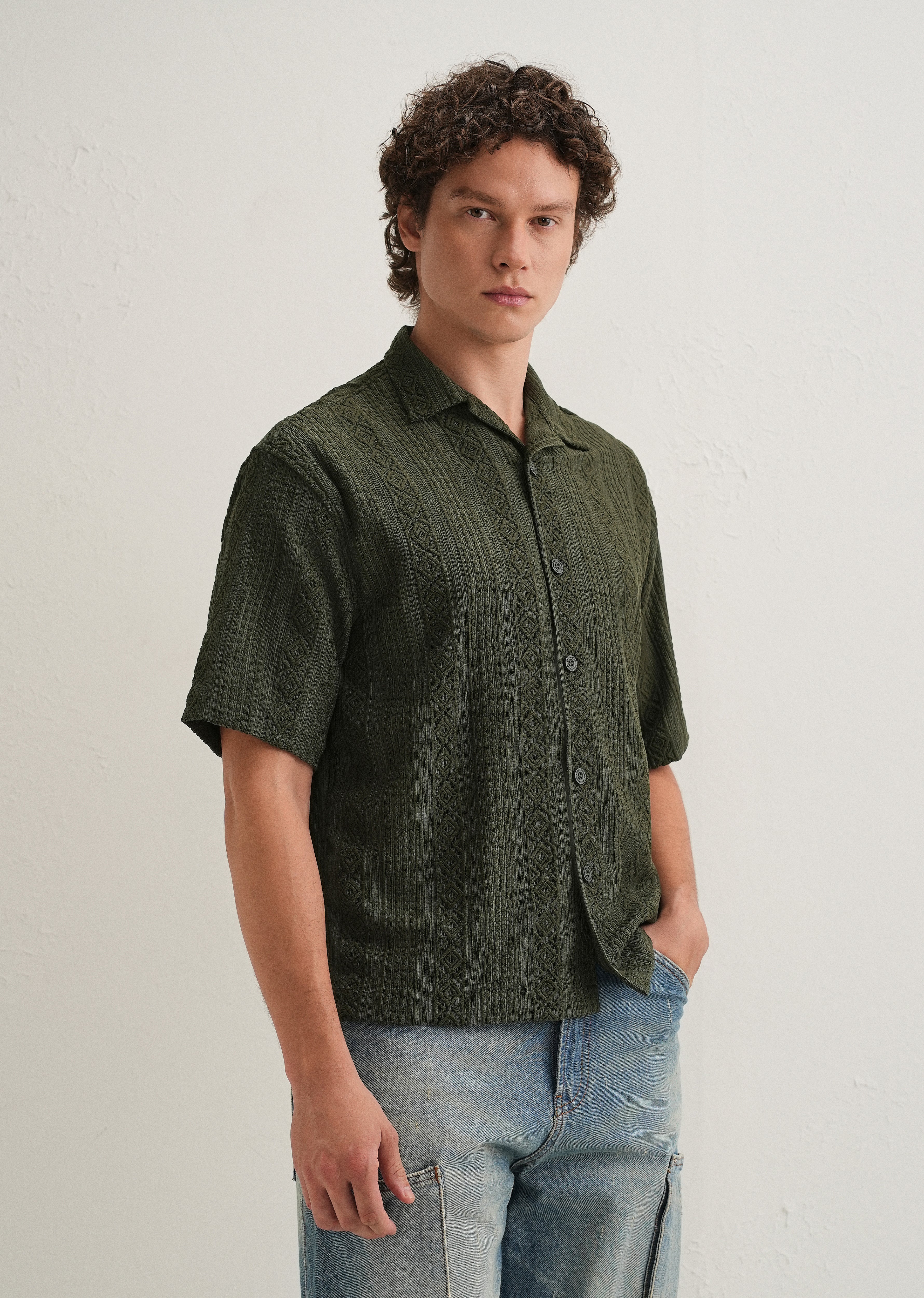 Dark Olive Green Geometric Textured Shirt