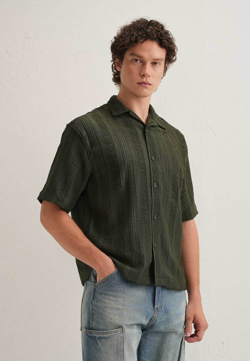 Dark Olive Green Geometric Textured Shirt