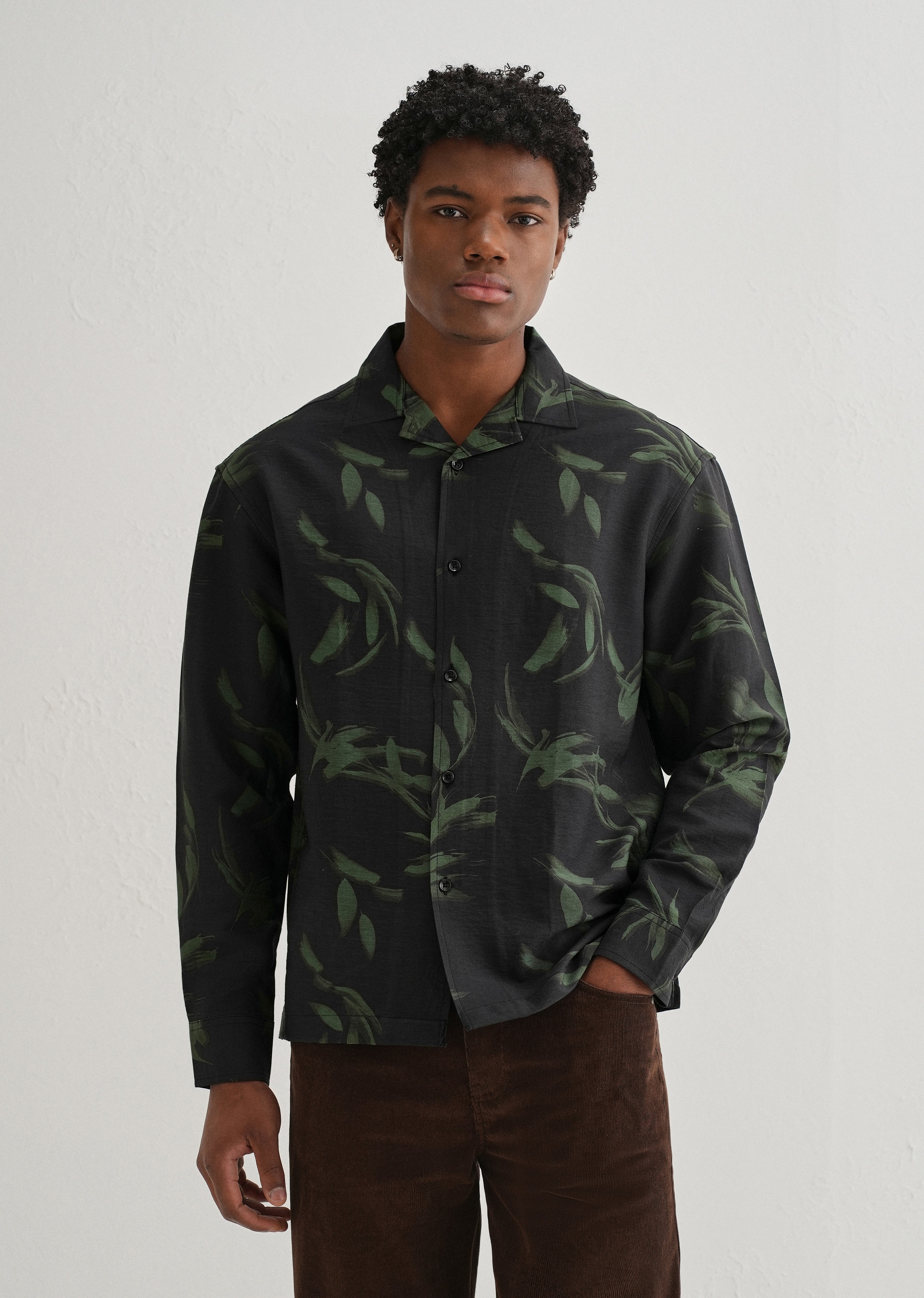 Dark Olive Leaf Printed Shirt