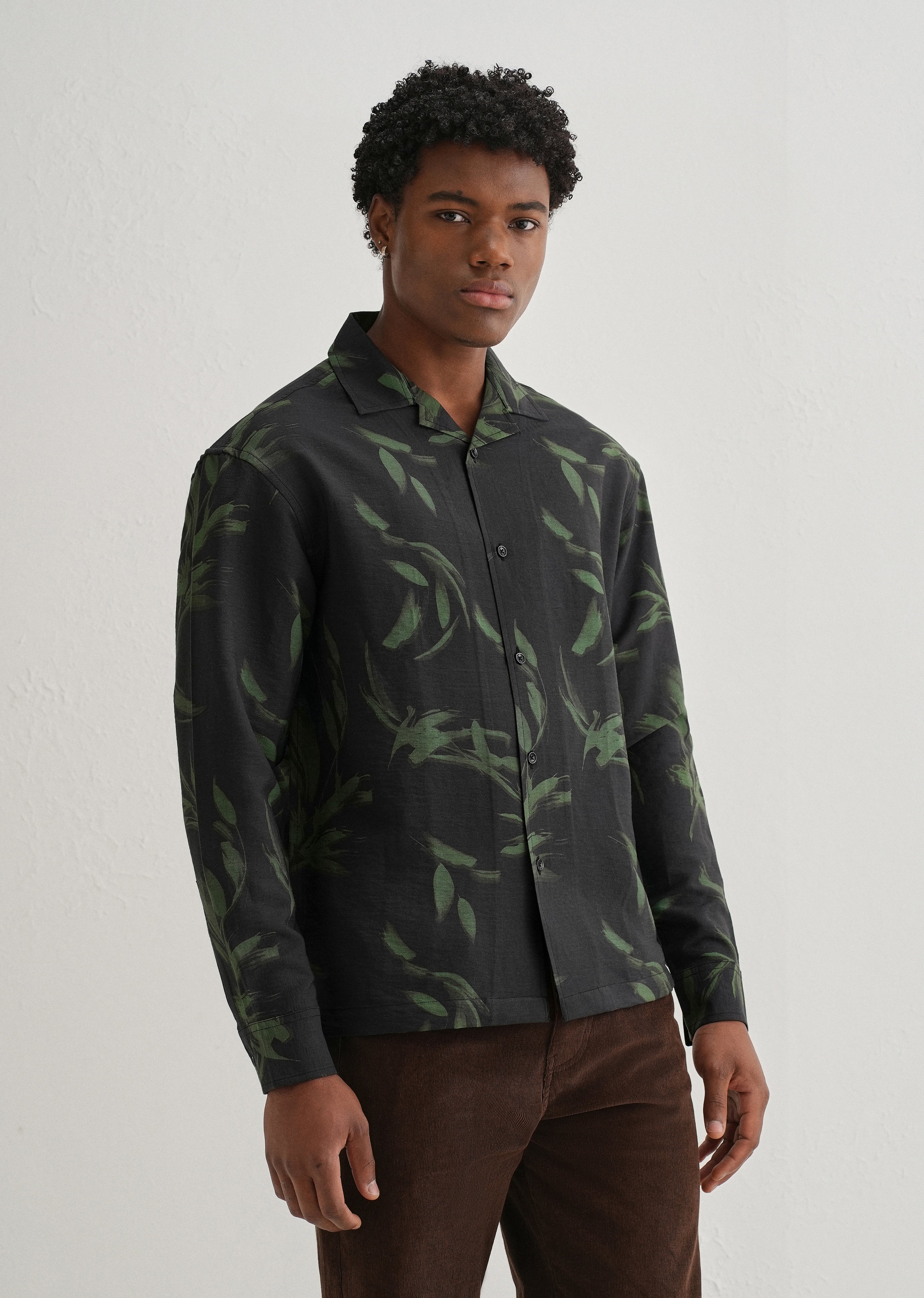 Dark Olive Leaf Printed Shirt