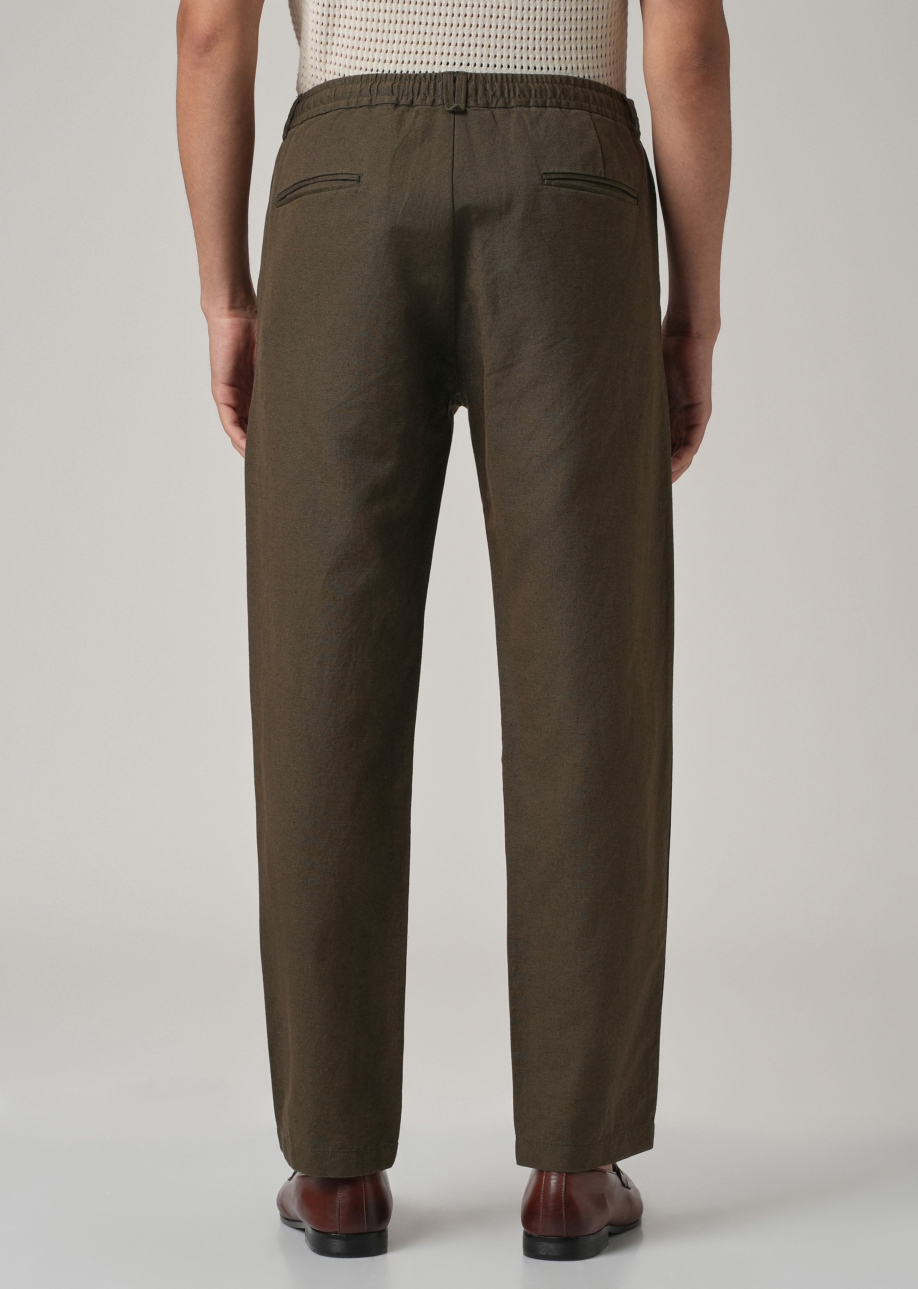 Dark Olive Linen Relaxed Fit Trouser