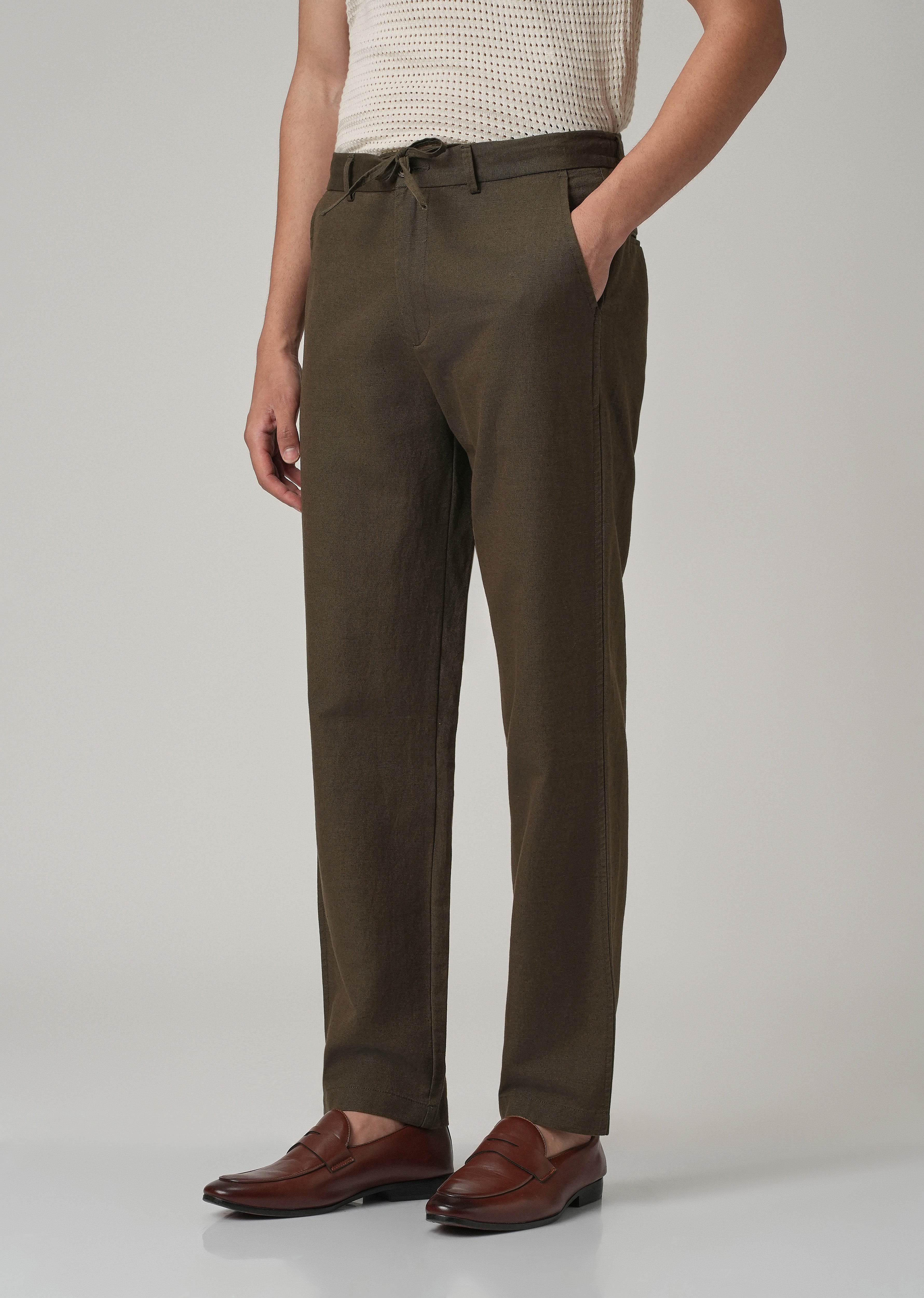 Dark Olive Linen Relaxed Fit Trouser