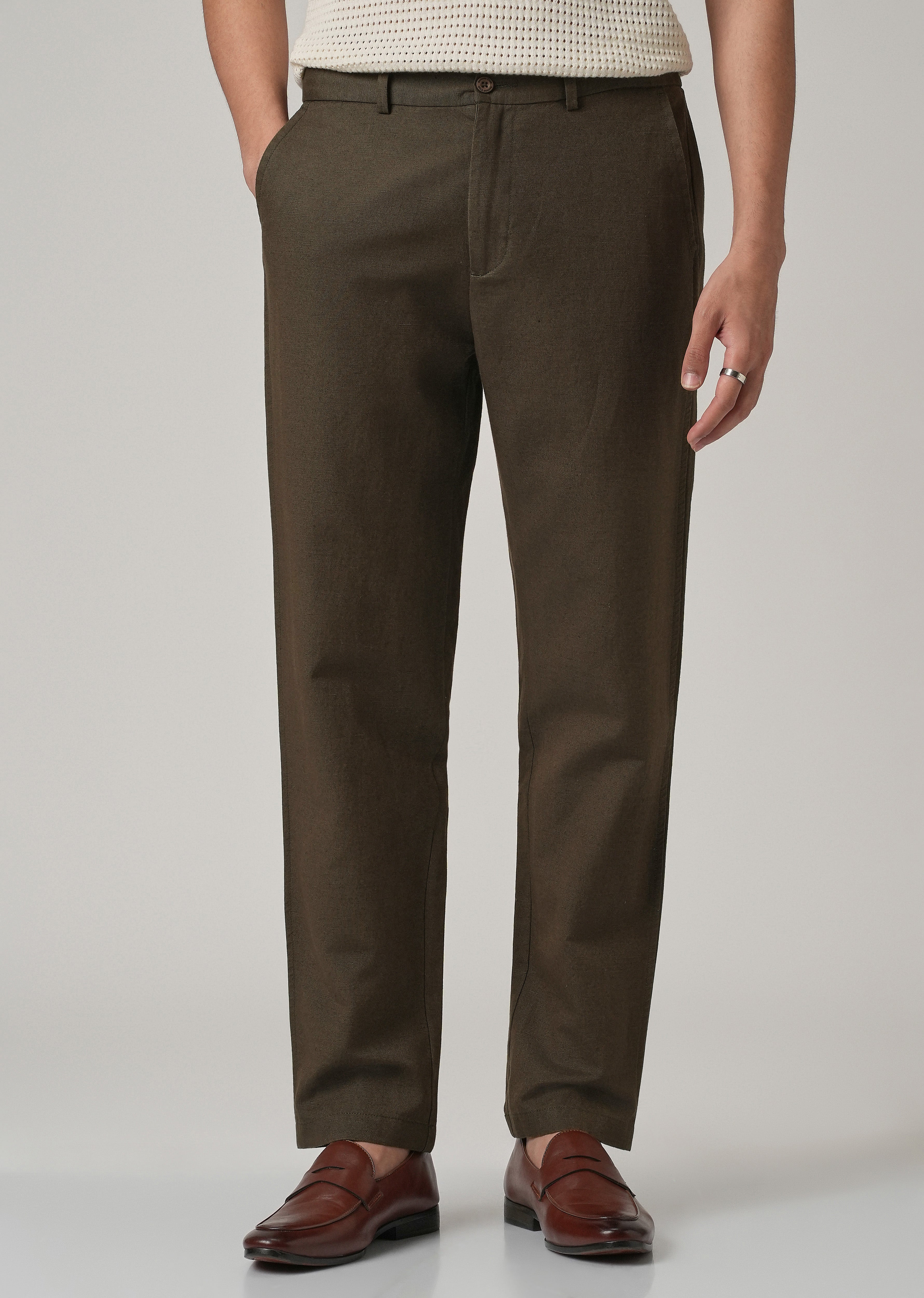Dark Olive Linen Relaxed Fit Trouser