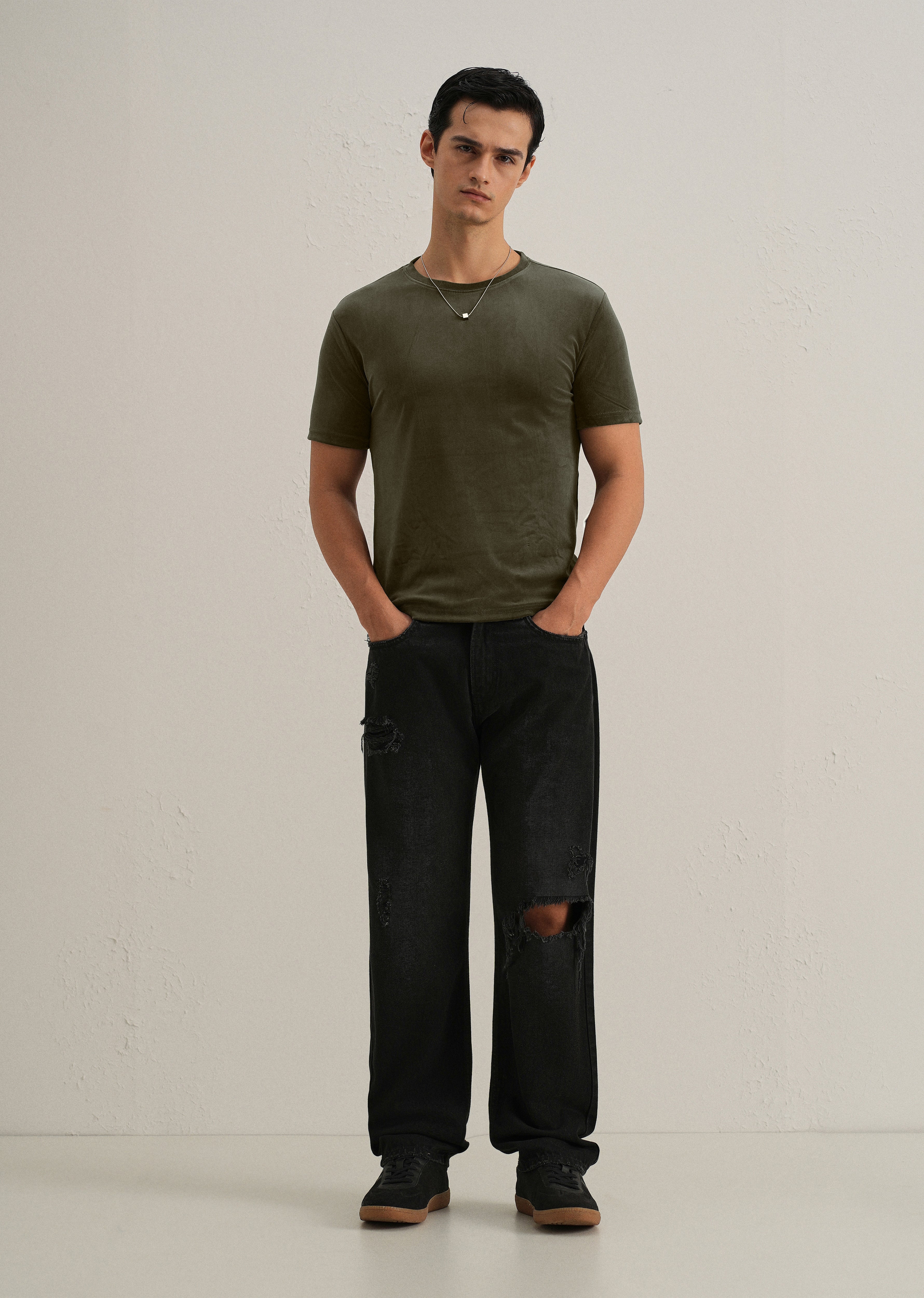 Dark Olive Plain Suede T-shirt