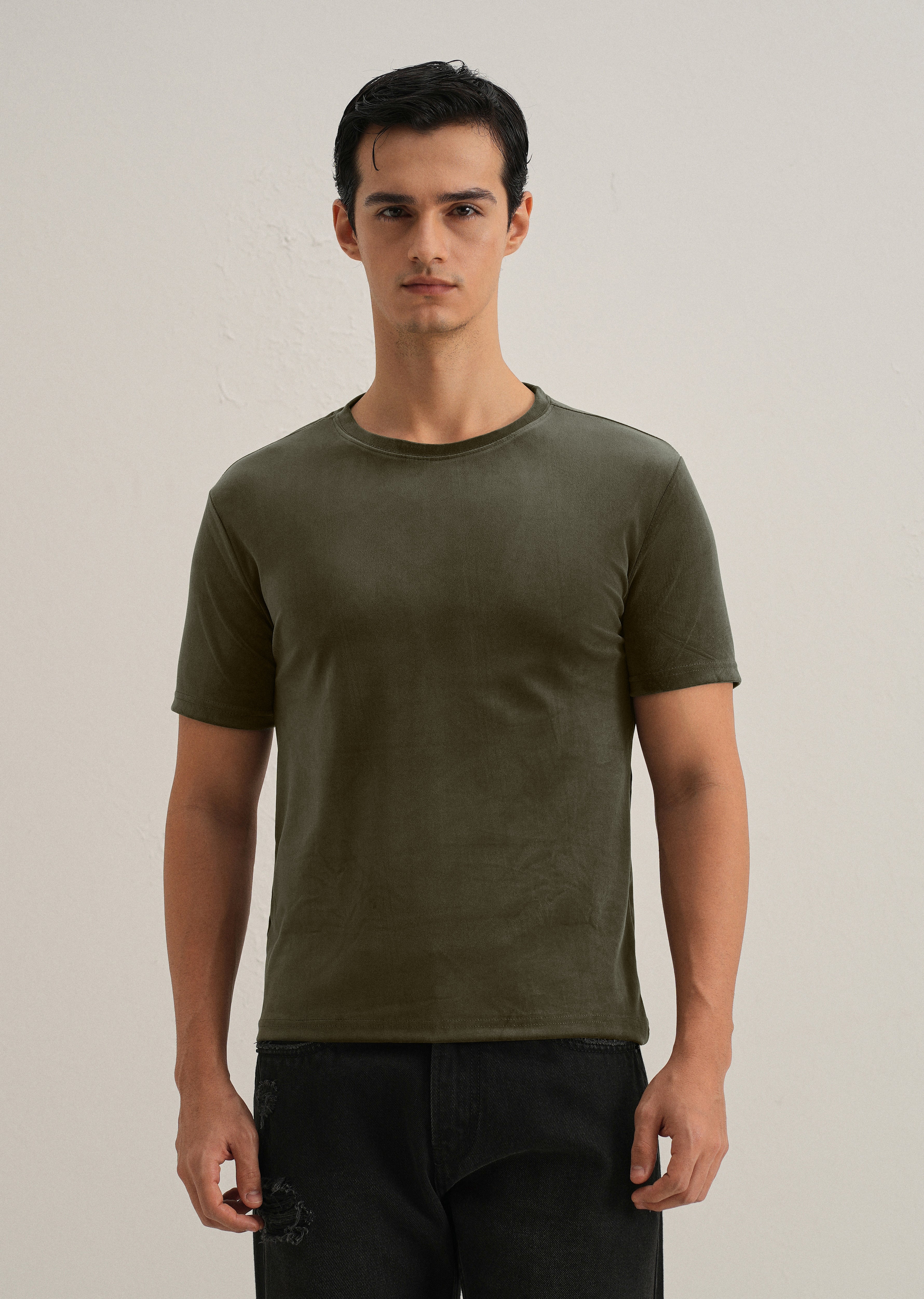 Dark Olive Plain Suede T-shirt