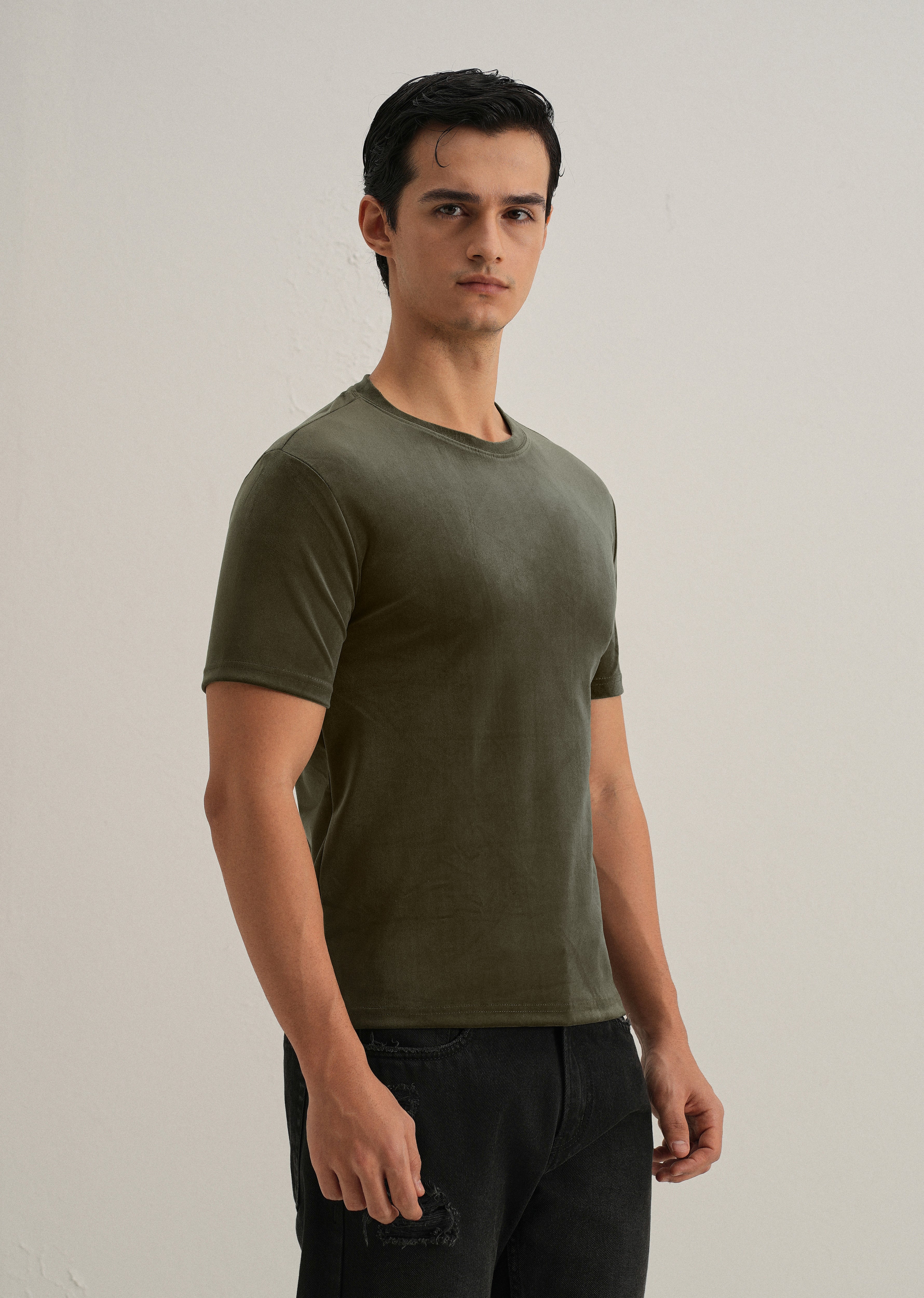 Dark Olive Plain Suede T-shirt