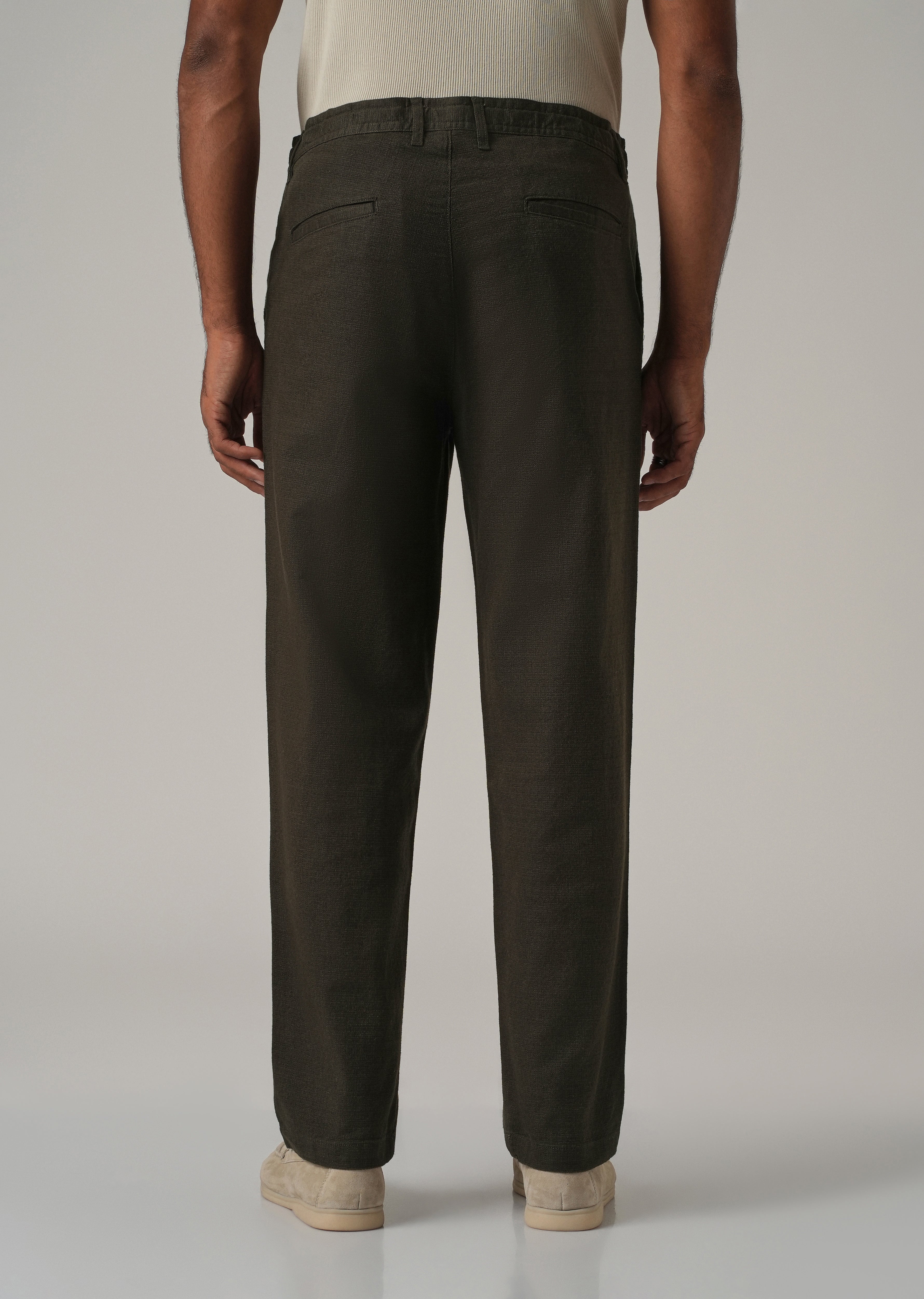 Dark Olive Linen-Look Cotton Trousers