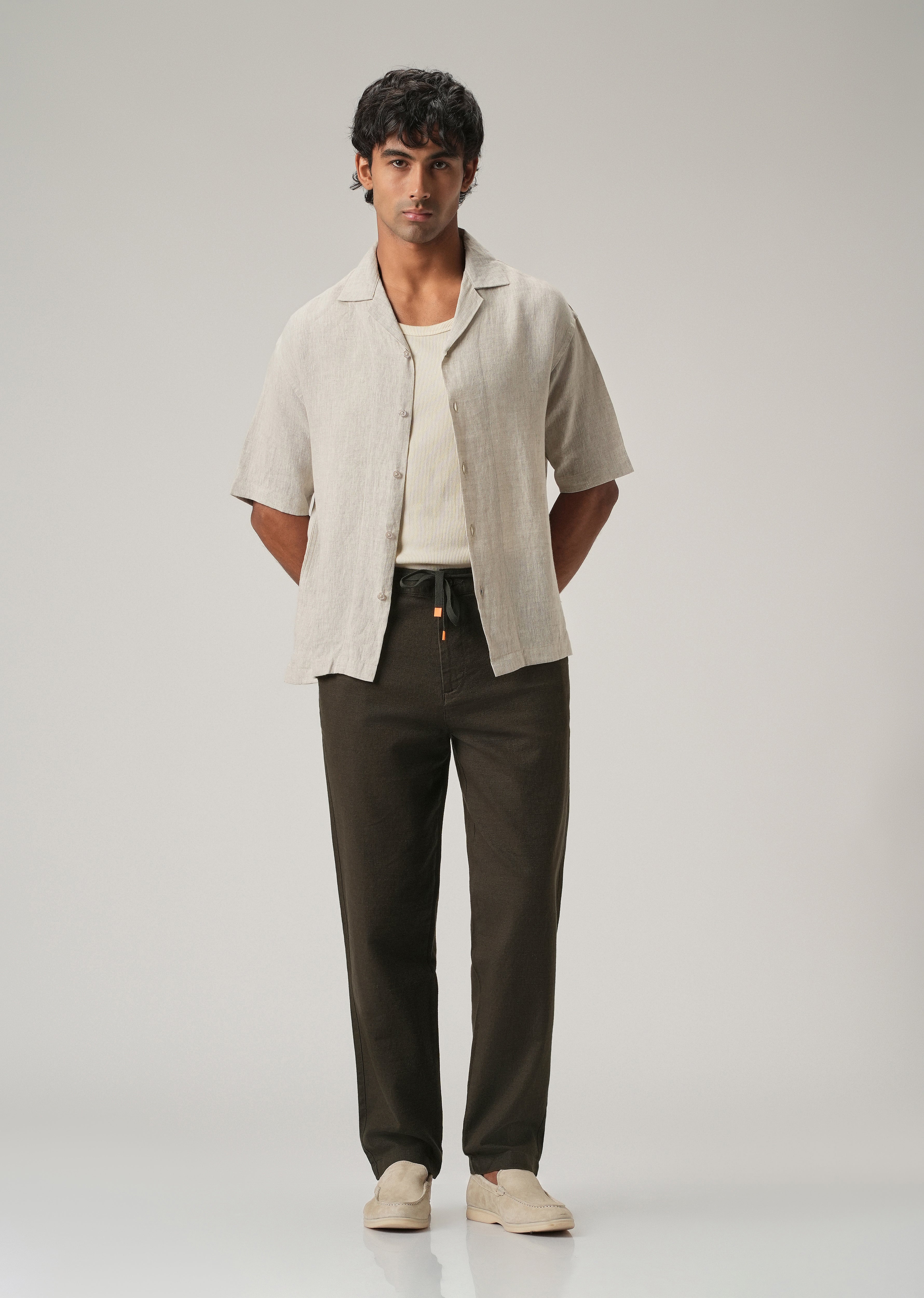 Dark Olive Linen-Look Cotton Trousers