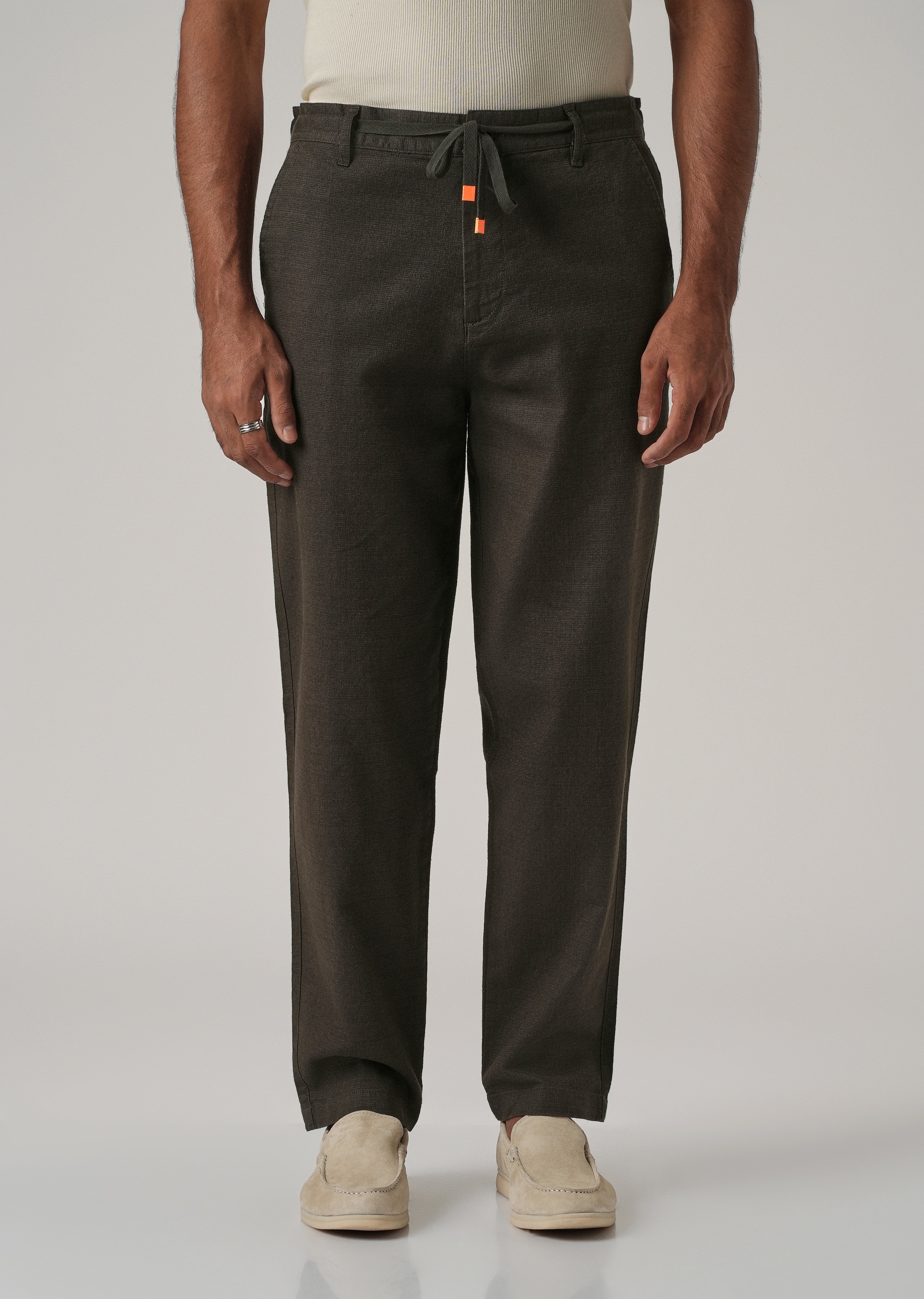 Dark Olive Linen-Look Cotton Trousers