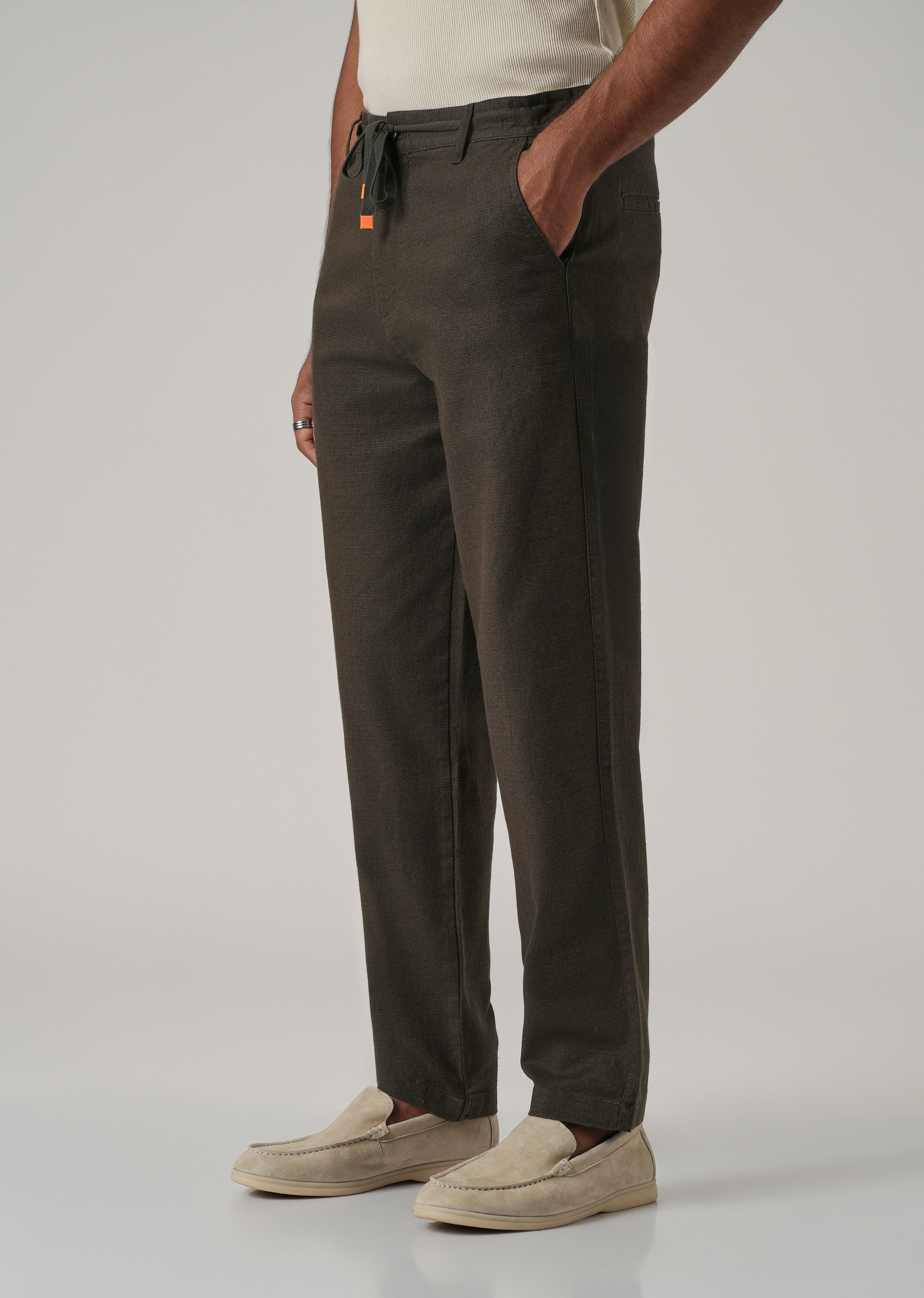 Dark Olive Linen-Look Cotton Trousers