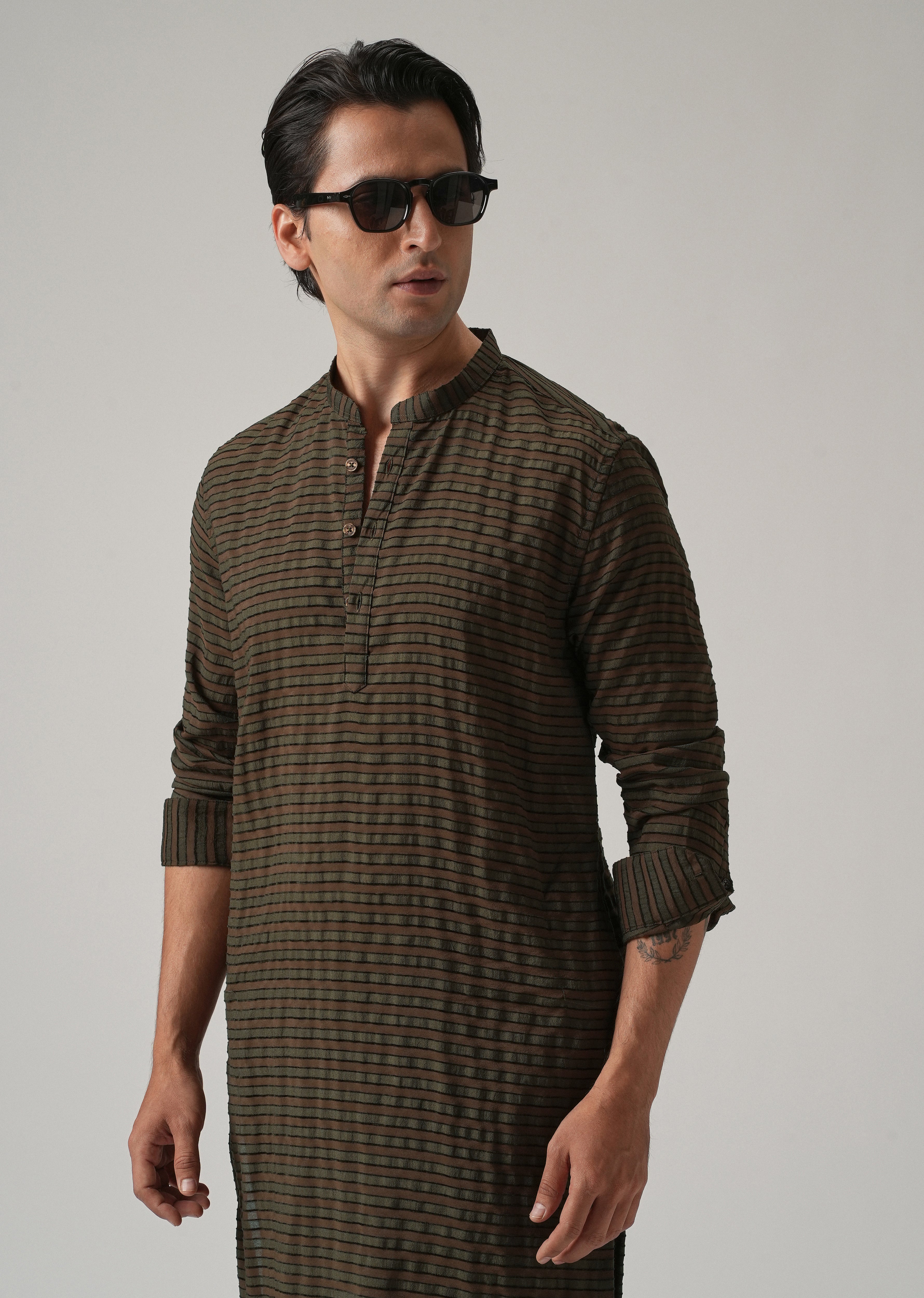 Dark Olive Nylon Pin Stripe Kurta