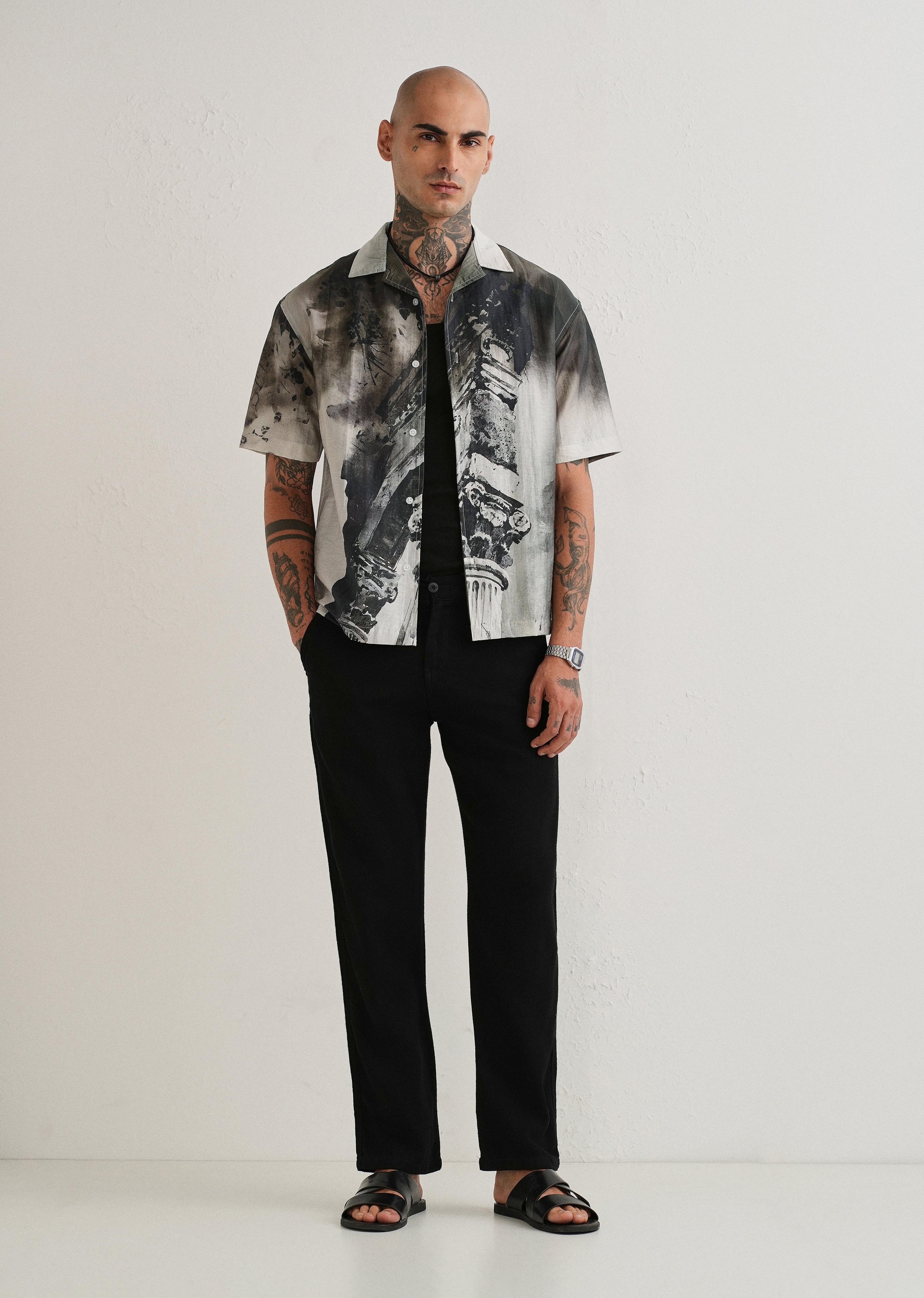 Dark Olive Wash Placement Print Shirt