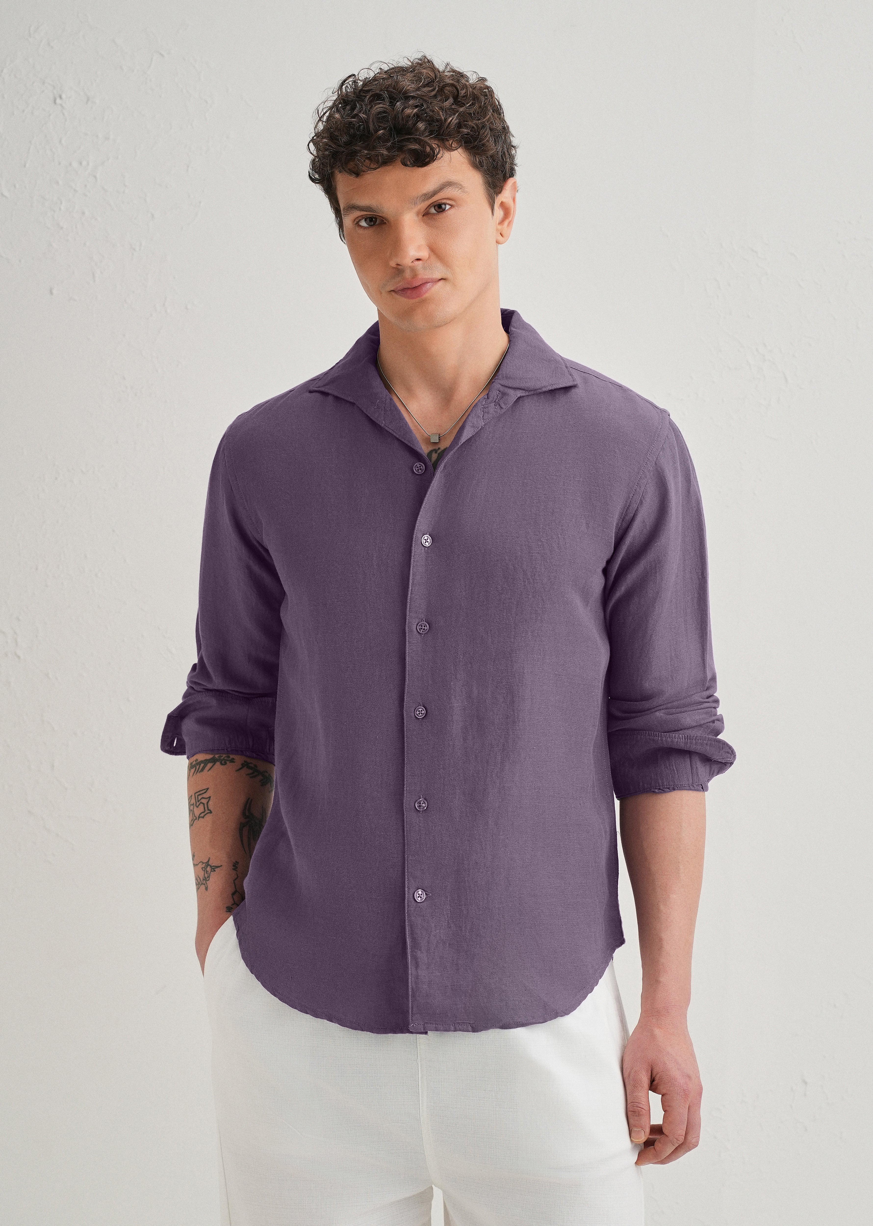 Dark Purple Plain Linen Viscose Shirt