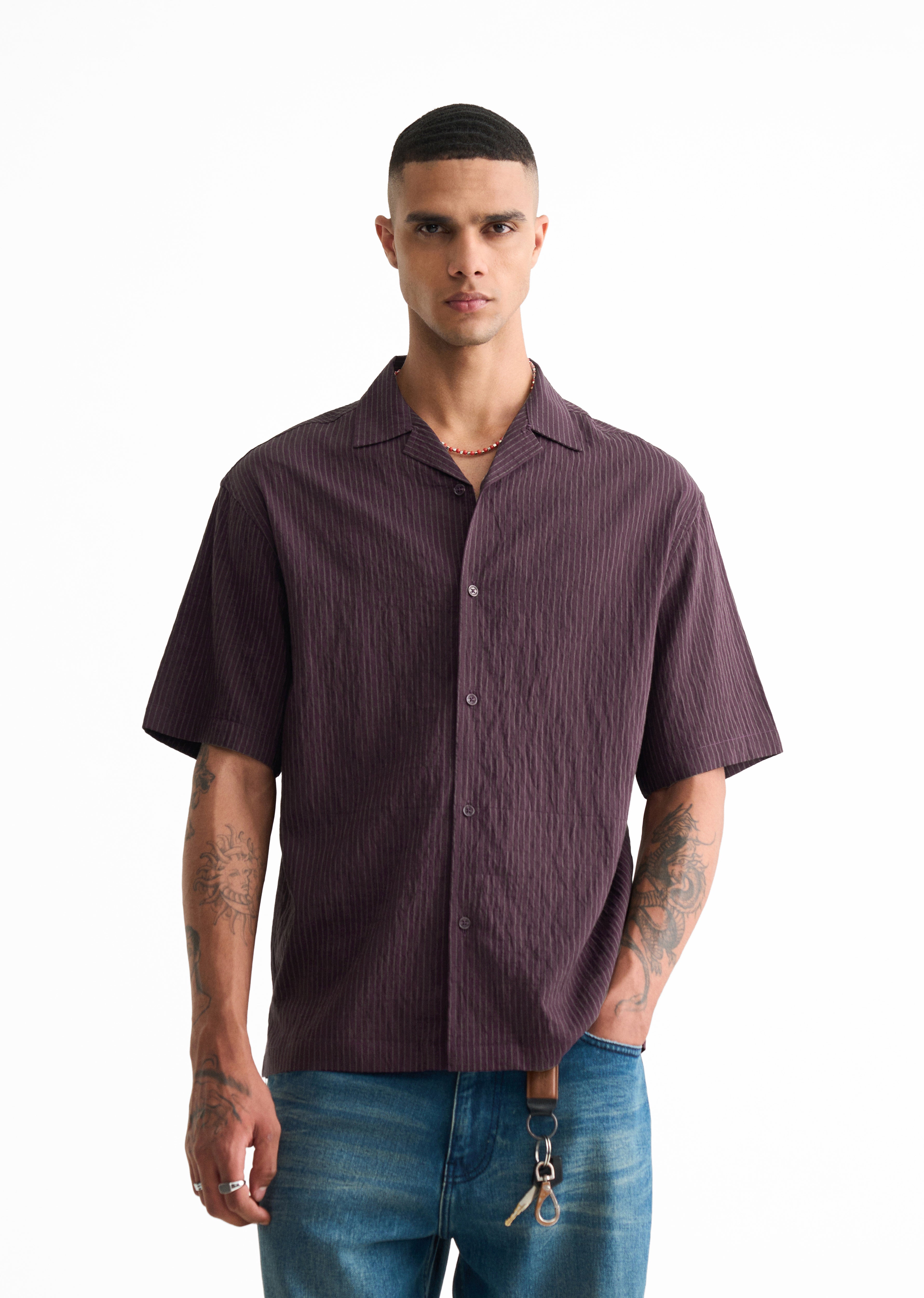 Dark Purple Pleated-Back Stripe Shirt