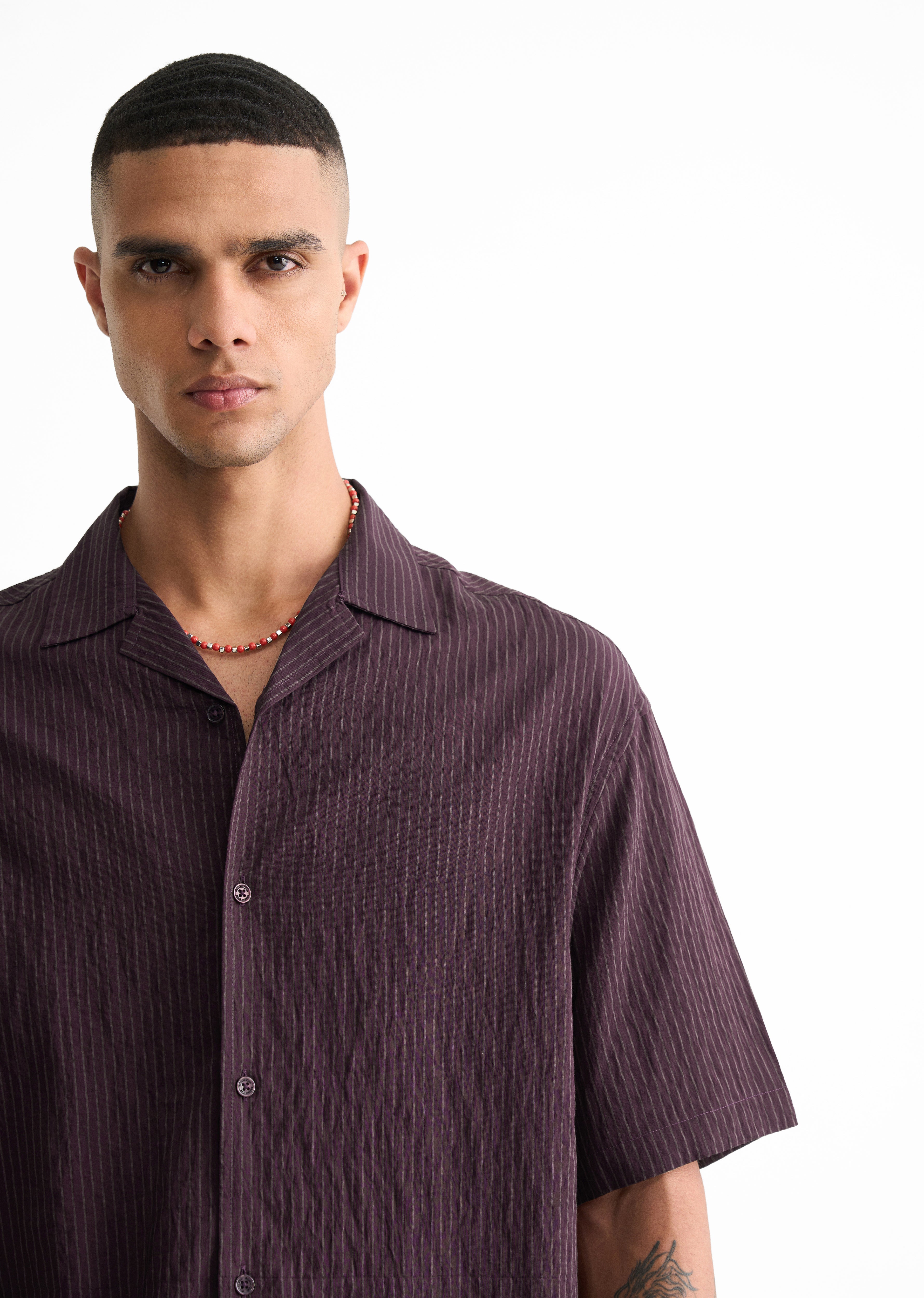 Dark Purple Pleated-Back Stripe Shirt