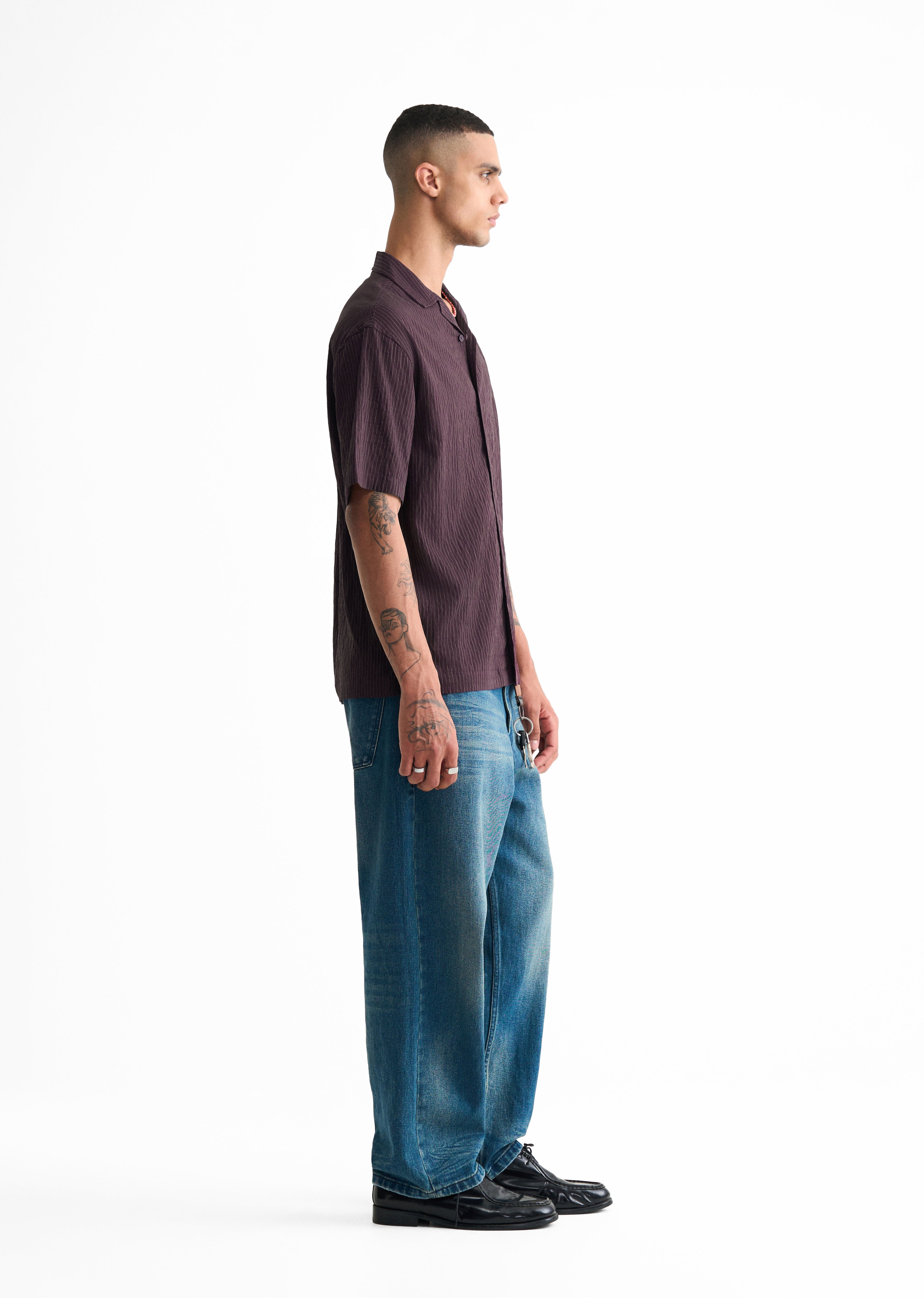 Dark Purple Pleated-Back Stripe Shirt